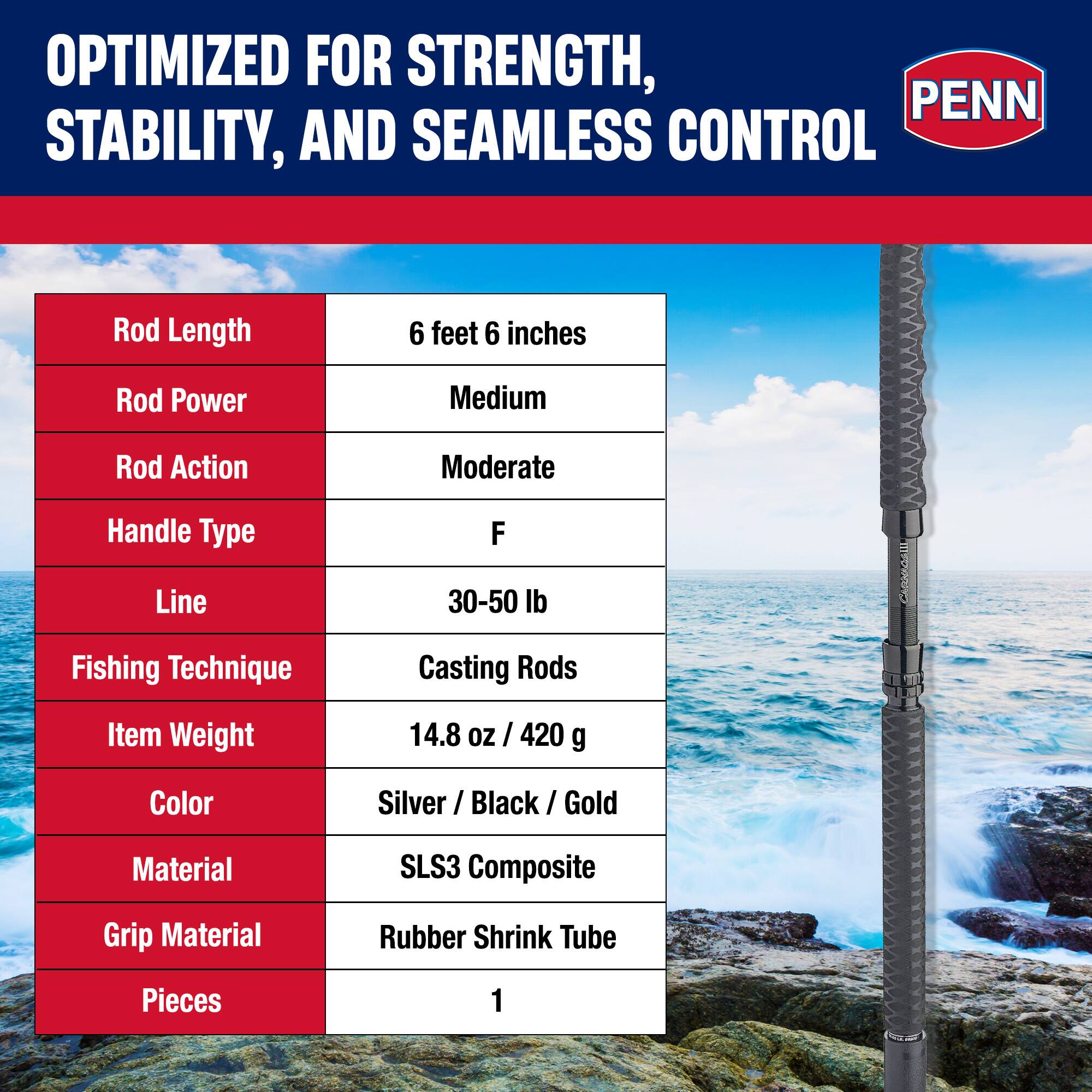 OPTIMIZED FOR STRENGTH, STABILITY, AND SEAMLESS CONTROL

Rod Length: 6 feet 6 inches  
Rod Power: Medium  
Rod Action: Moderate  
Handle Type: F  
Line: 30-50 lb  
Fishing Technique: Casting Rods  
Item Weight: 14.8 oz / 420 g  
Color: Silver / Black / Gold  
Material: SLS3 Composite  
Grip Material: Rubber Shrink Tube  
Pieces: 1