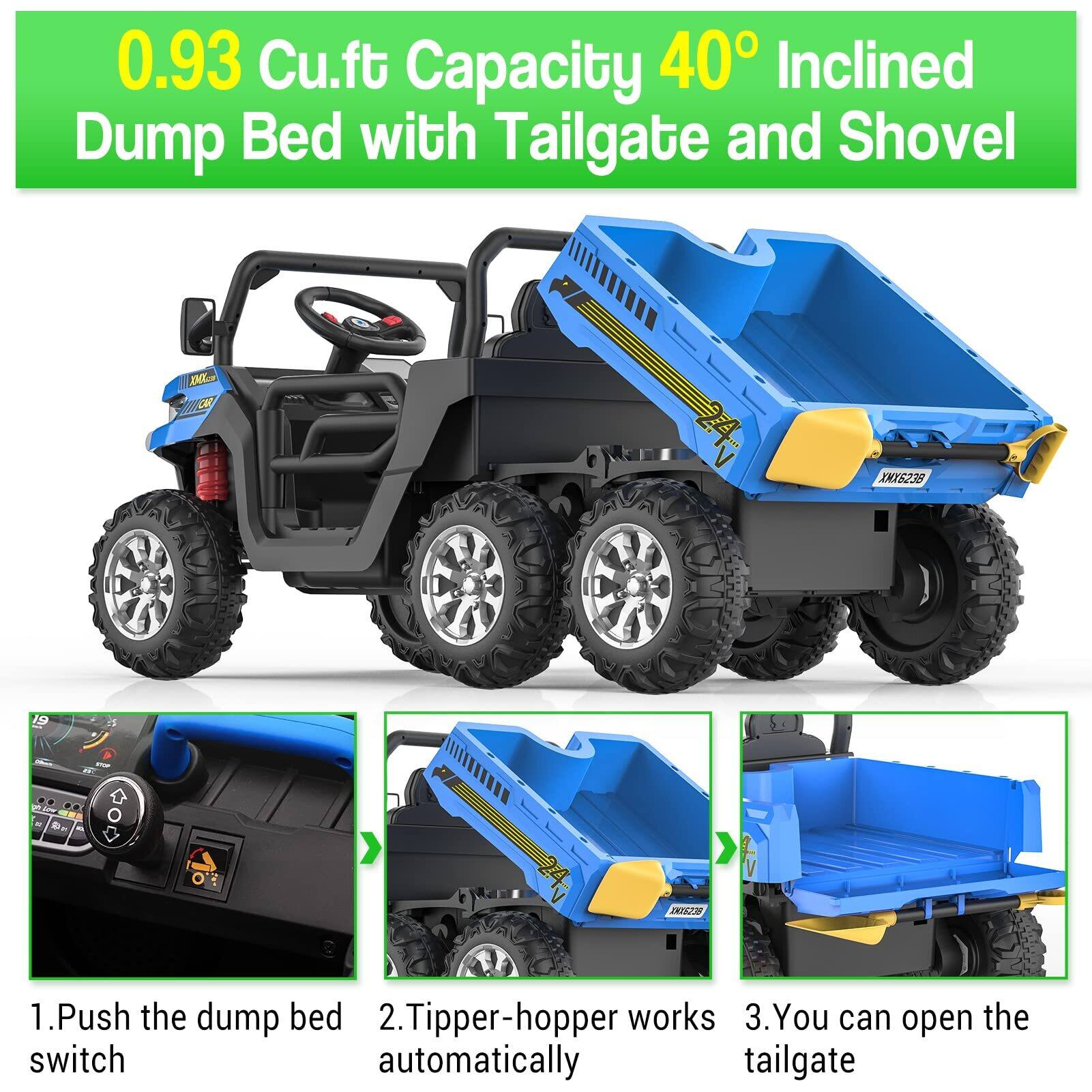 0.93 Cu.ft Capacity 40° Inclined Dump Bed with Tailgate and Shovel
1. Push the dump bed switch
2. Tipper-hopper works automatically
3. You can open the tailgate