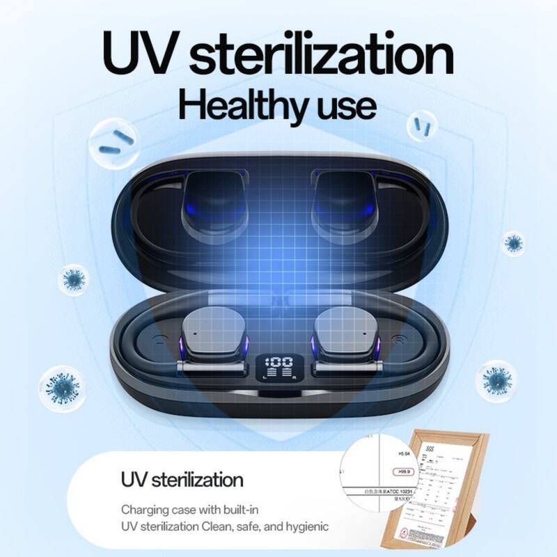 UV sterilization  
Healthy use  

UV sterilization  
Charging case with built-in UV sterilization  
Clean, safe, and hygienic