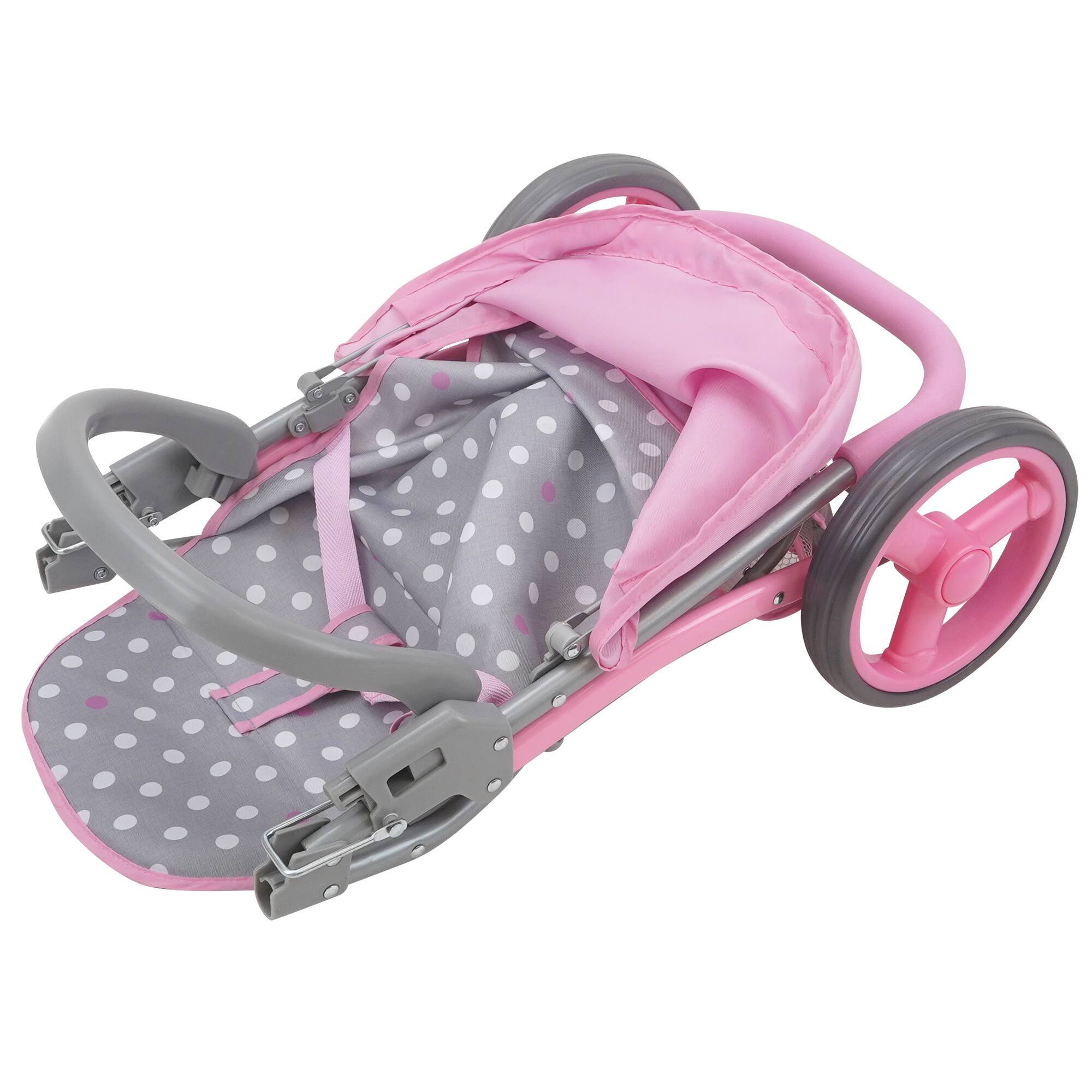 Angle. 509 Crew - 509 Crew - Cotton Candy Pink Doll Jogger Stroller in Grey Polka Dots, Fits Dolls Up to 24".