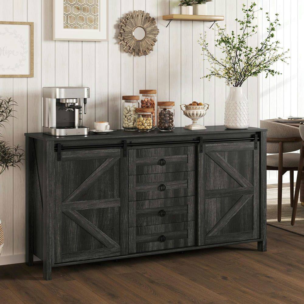 Front. Kadyn - 60" Farmhouse Sideboard with 2 Sliding Barn Doors and Storage Drawers, Dark Gray - Gray.