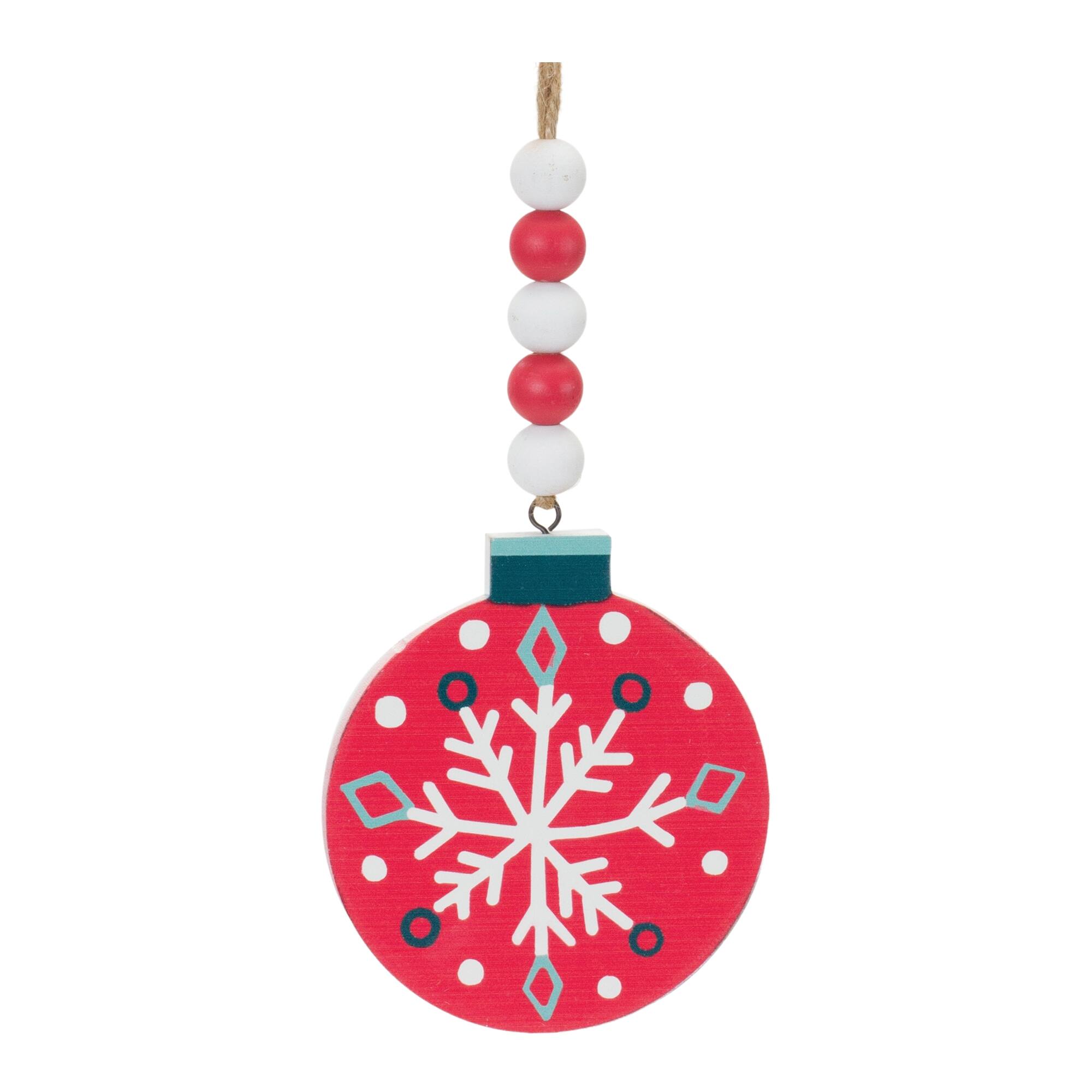 Back. BreeBe - Wood Beaded Snowflake Ornament (Set of 12) - Red, White, Green.