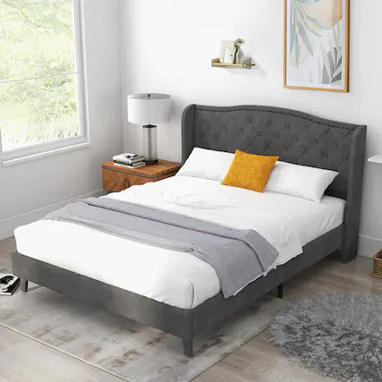 Front. Gymax - Gymax Queen Upholstered Platform Bed Frame w/ Button Tufted Headboard Noise-free - Grey.