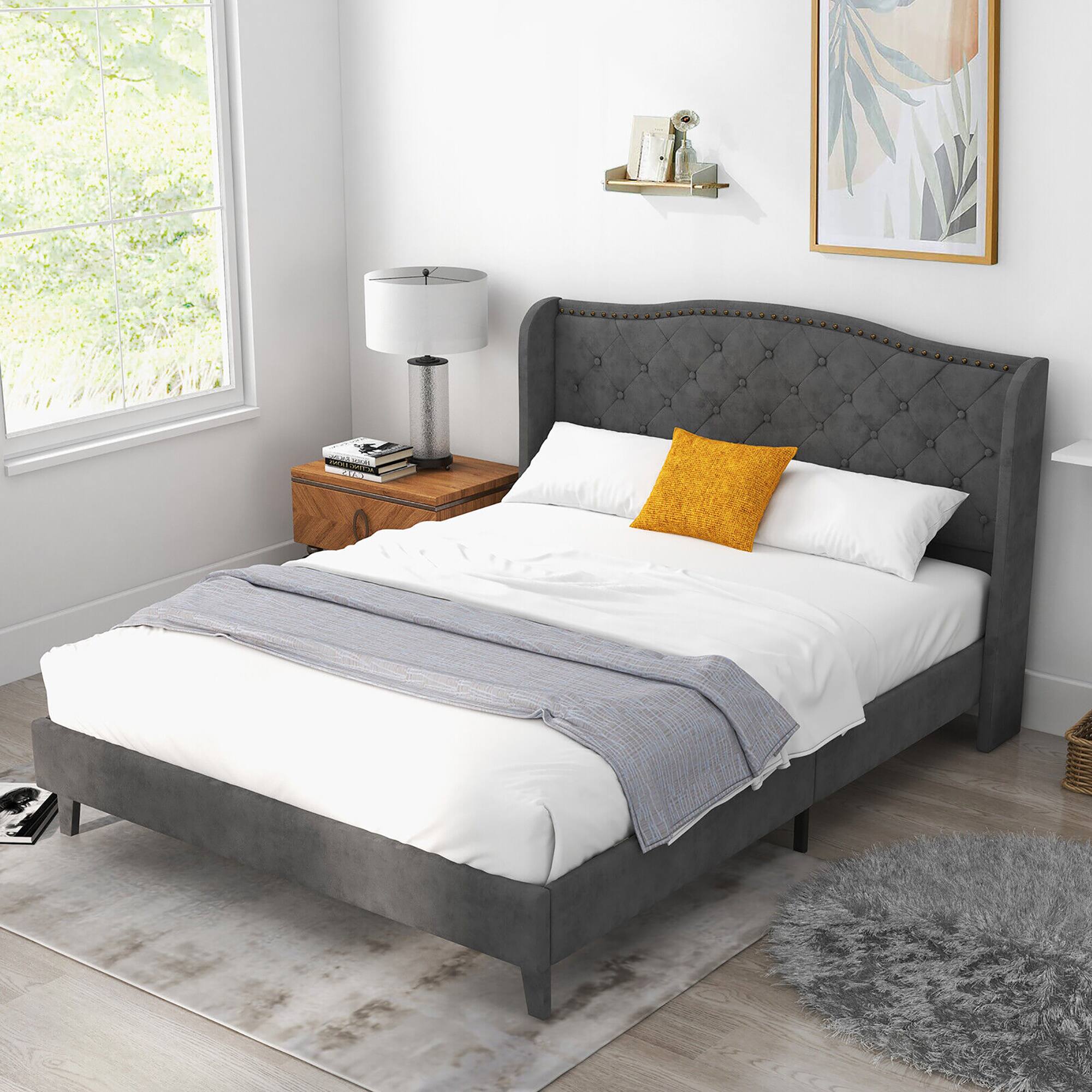 Front. Gymax - Gymax Queen Upholstered Platform Bed Frame w/ Button Tufted Headboard Noise-free - Grey.