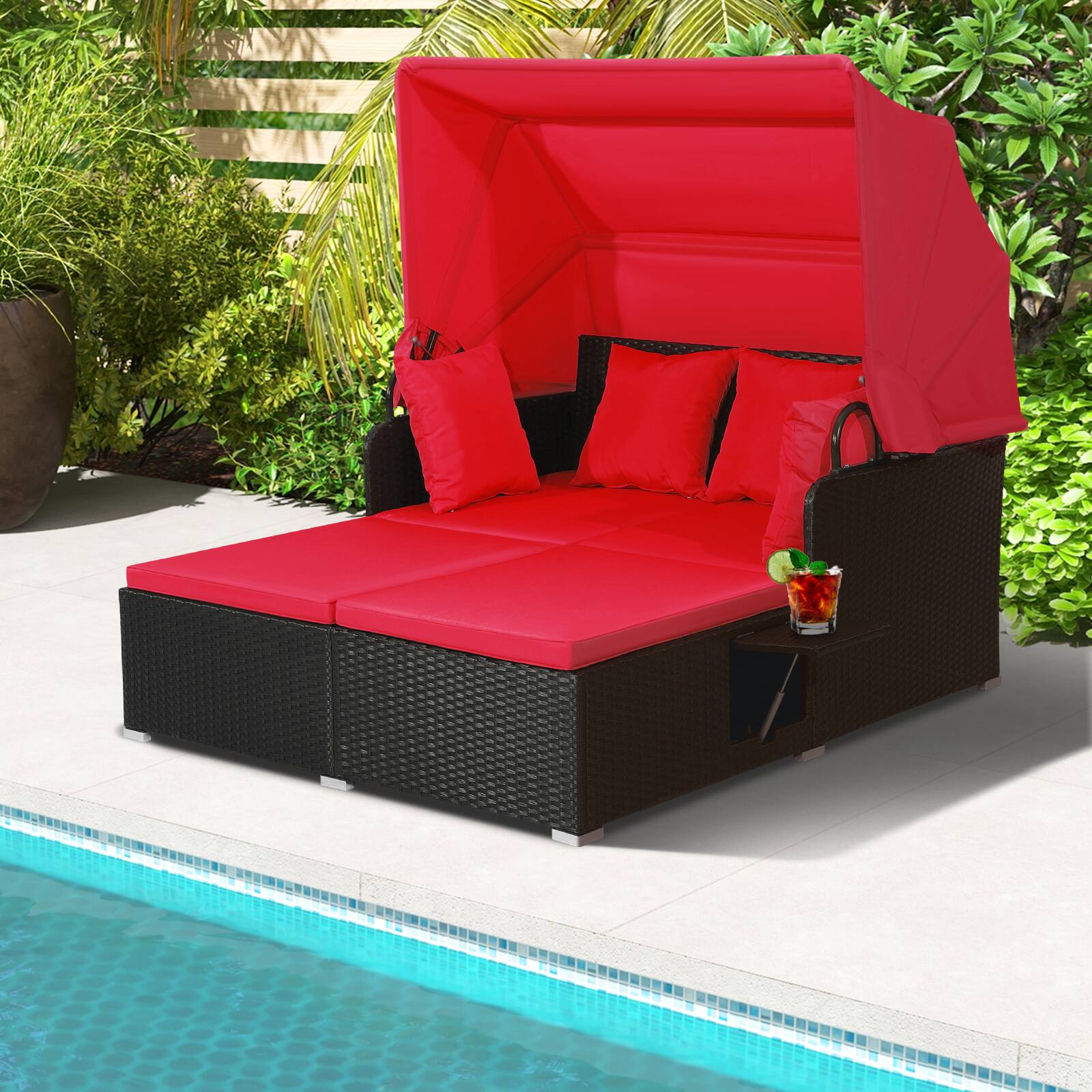 Angle. SlickBlue - Patio Rattan Daybed with Retractable Canopy and Side Tables for Outdoor Lounge - Red.