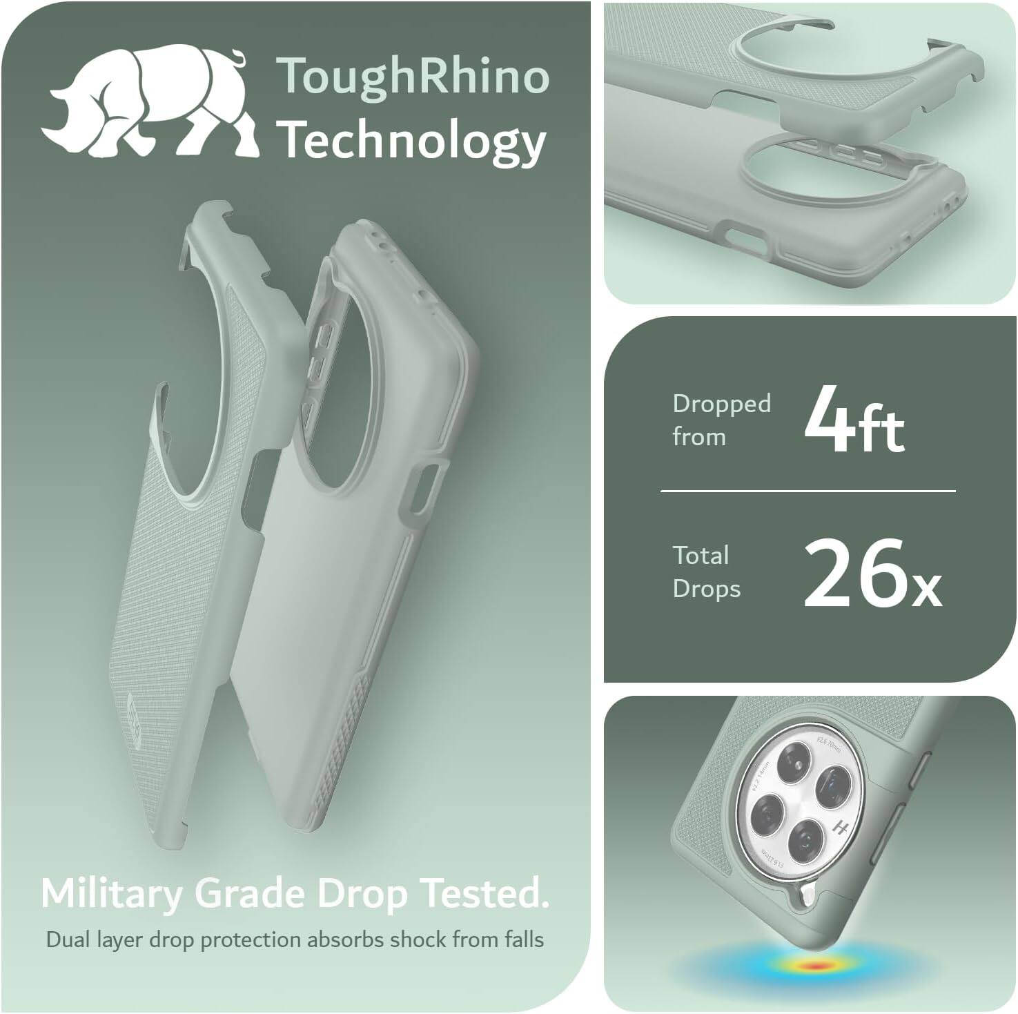 ToughRhino Technology

Dropped from 4ft  
Total Drops 26x

Military Grade Drop Tested.  
Dual layer drop protection absorbs shock from falls