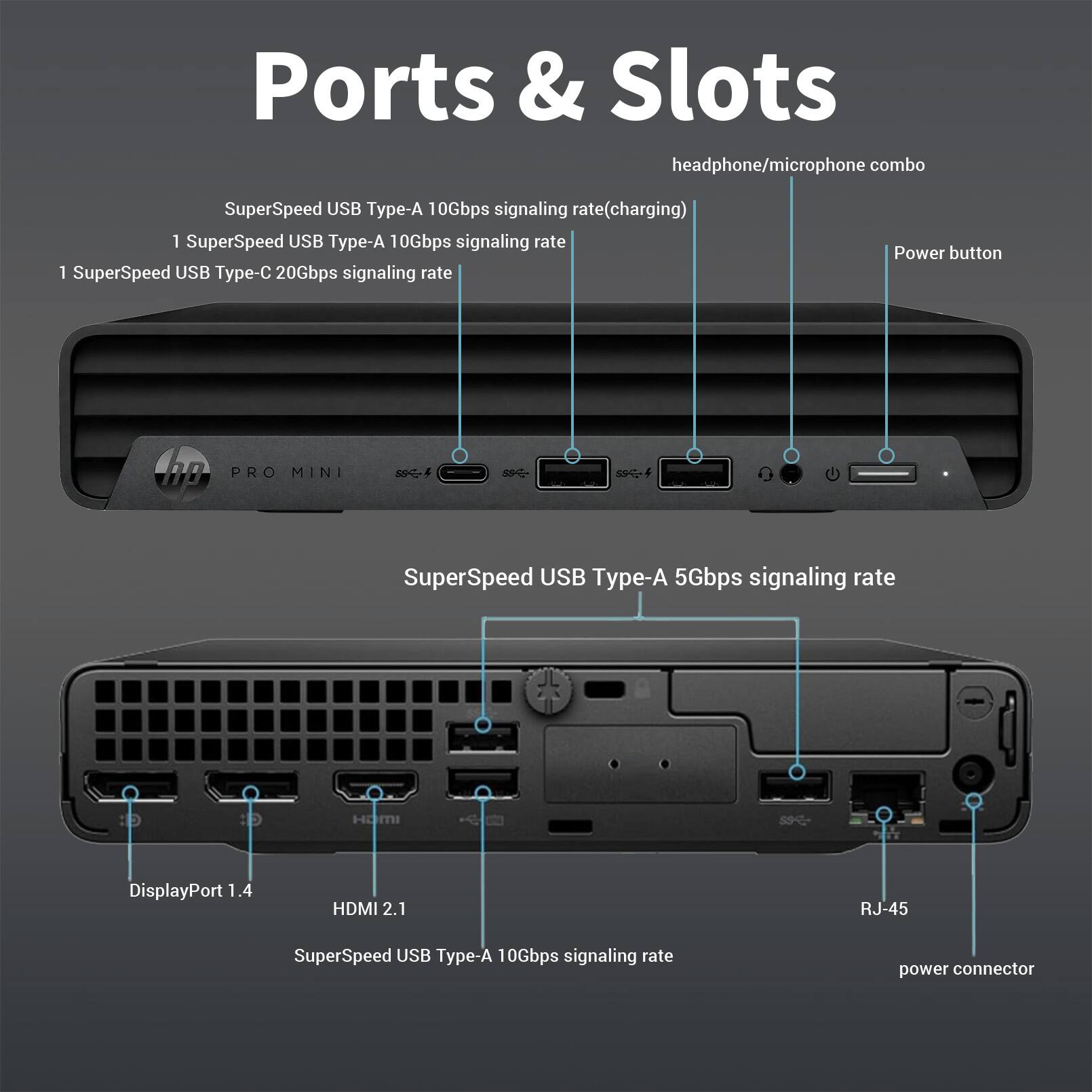 Ports & Slots

- headphone/microphone combo
- SuperSpeed USB Type-A 10Gbps signaling rate (charging)
- 1 SuperSpeed USB Type-A 10Gbps signaling rate
- 1 SuperSpeed USB Type-C 20Gbps signaling rate
- Power button
- SuperSpeed USB Type-A 5Gbps signaling rate
- HDMI
- DisplayPort 1.4
- HDMI 2.1
- RJ-45
- SuperSpeed USB Type-A 10Gbps signaling rate
- power connector