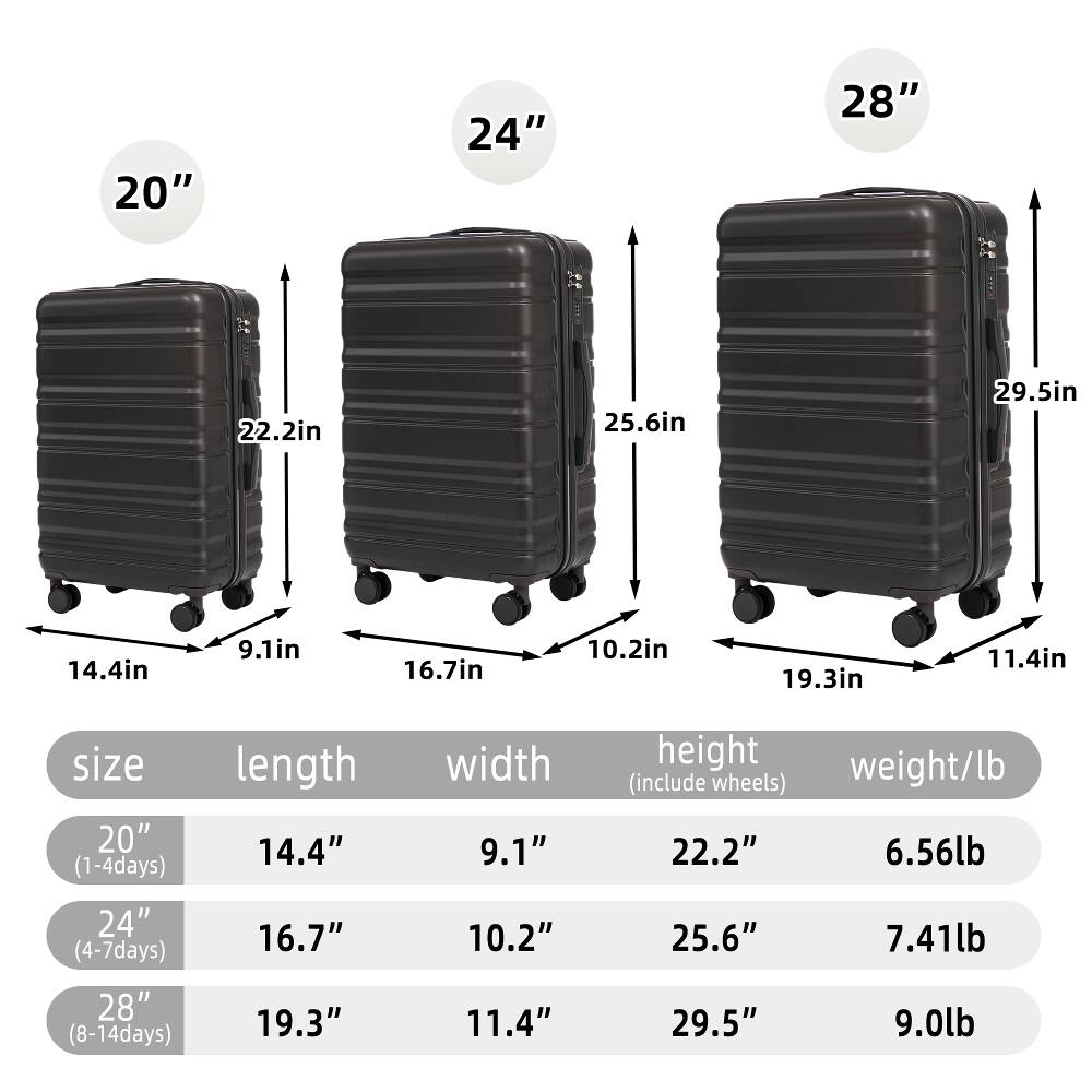 20"  
24"  
28"  
22.2in  
25.6in  
29.5in  
14.4in  
9.1in  
16.7in  
10.2in  
19.3in  
11.4in  
size 20" (1-4days)  
length 14.4"  
width 9.1"  
height weight/lb (include wheels) 22.2" 6.56lb  
24" (4-7days) 28" (8-14days)  
16.7" 19.3"  
10.2" 11.4"  
25.6" 29.5"  
7.41lb 9.0lb