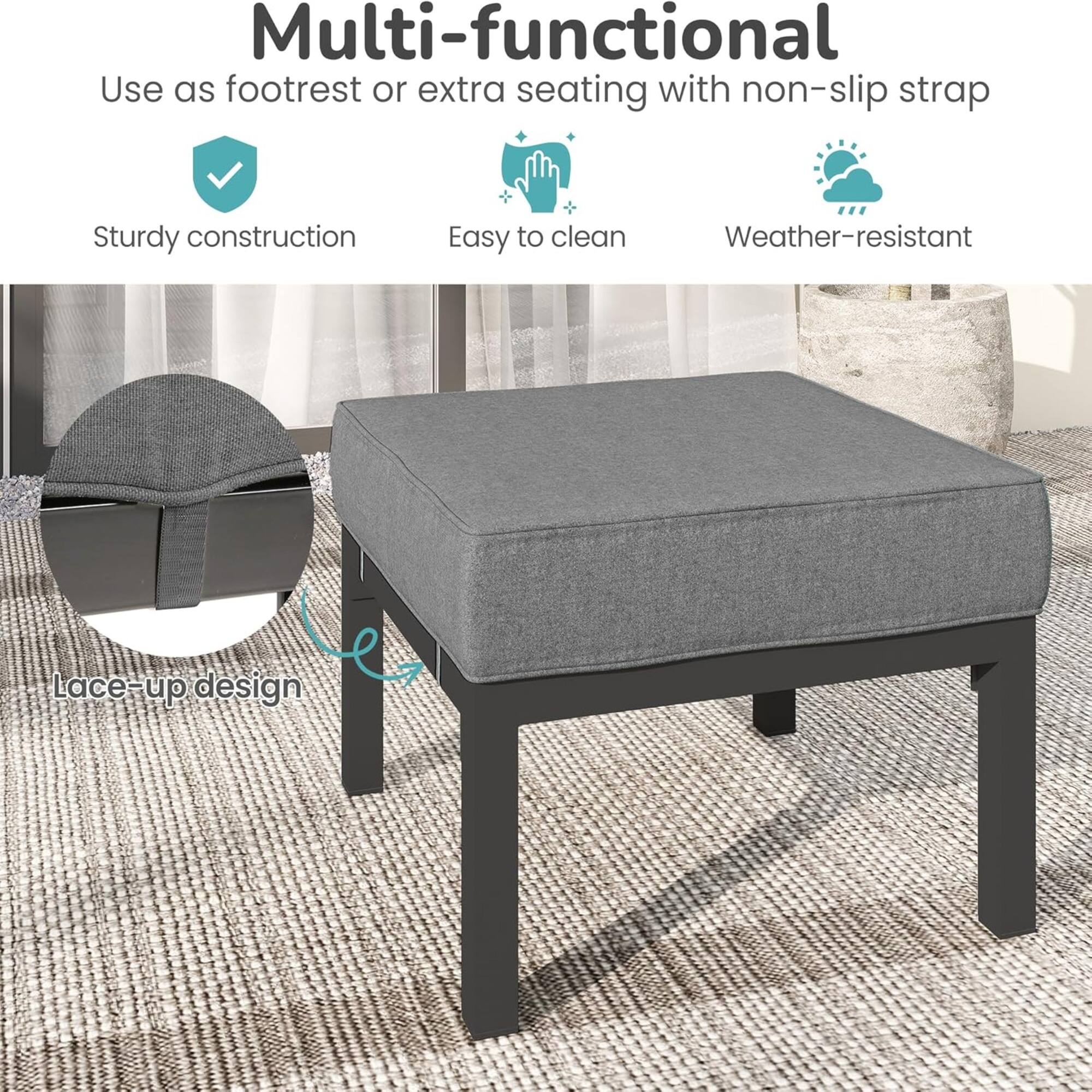 Multi-functional  
Use as footrest or extra seating with non-slip strap  

- Sturdy construction  
- Easy to clean  
- Weather-resistant  
- Lace-up design