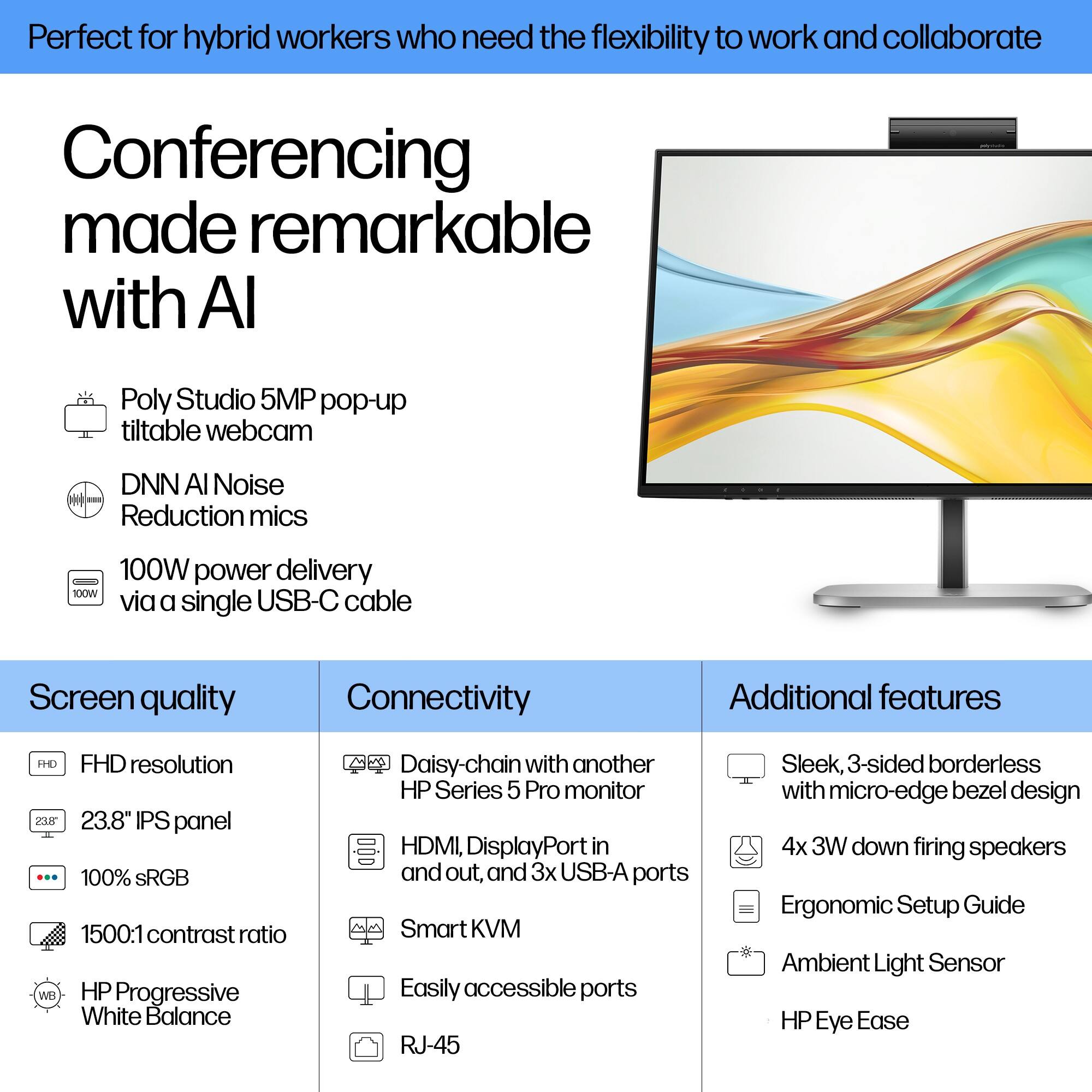 Perfect for hybrid workers who need the flexibility to work and collaborate

Conferencing made remarkable with AI

- Poly Studio 5MP pop-up tiltable webcam
- DNN AI Noise Reduction mics
- 100W power delivery via a single USB-C cable

Screen quality
- FHD resolution
- 23.8" IPS panel
- 100% sRGB
- 1500:1 contrast ratio
- HP Progressive White Balance

Connectivity
- Daisy-chain with another HP Series 5 Pro monitor
- HDMI, DisplayPort in and out, and 3x USB-A ports
- Smart KVM
- Easily accessible ports
- RJ-45

Additional features
- Sleek, 3-sided borderless with micro-edge bezel design
- 4x 3W down firing speakers
- Ergonomic Setup Guide
- Ambient Light Sensor
- HP Eye Ease