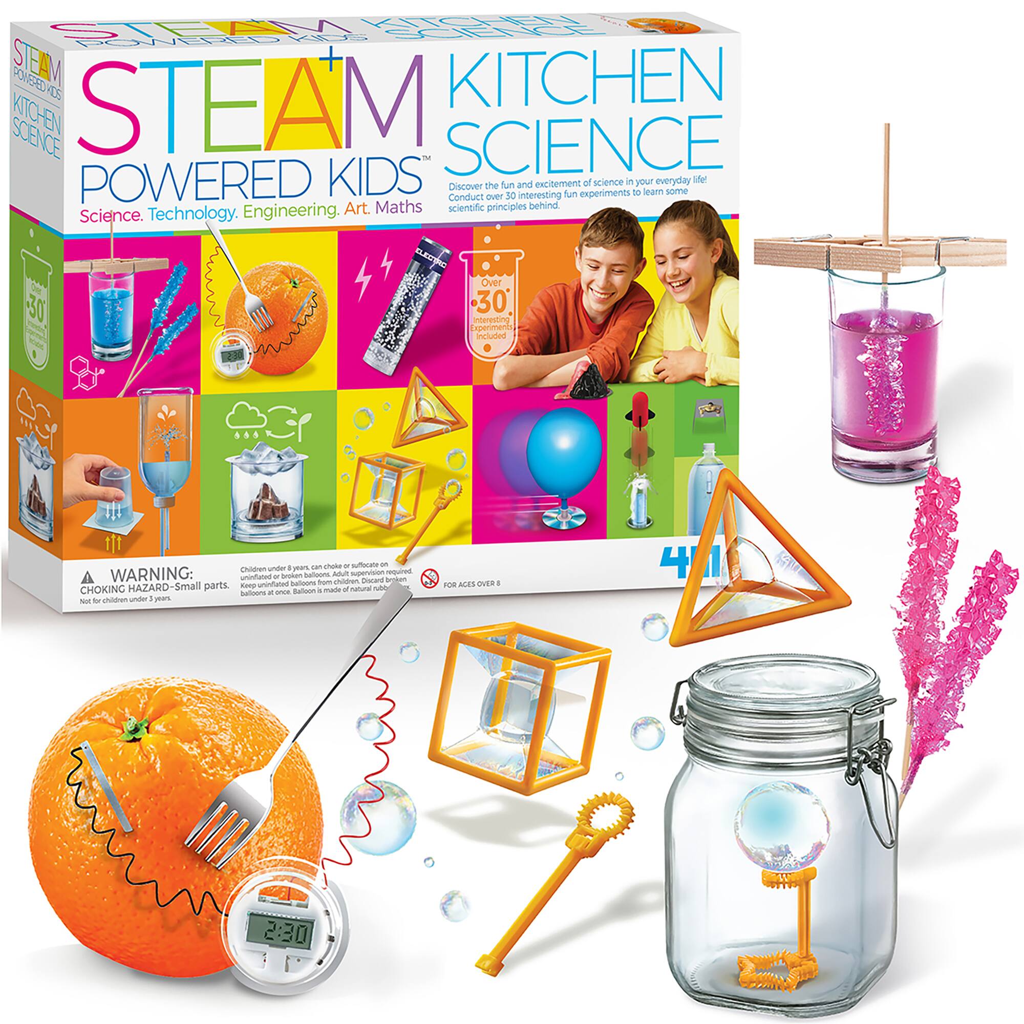 STEAM KITCHEN SCIENCE  
POWERED KIDS  
Science. Technology. Engineering. Art. Maths  

Discover the fun and excitement of science in your everyday life!  
Conduct over 30 interesting fun experiments to learn some scientific principles behind Science.  

WARNING:  
CHOKING HAZARD-Small parts. Not for children under 3 years.  
Children under 4 years can choke or suffocate on uninflated balloons. Discard broken balloons at once. Balloons included are not suitable for children under 3 years.  

FOR AGES OVER 8
