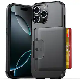 Dteck - Shockproof Sliding Wallet Phone Case for Apple iPhone 16 Pro with Card Slot, Hard PC Dual Layer Protective Cover - Gray