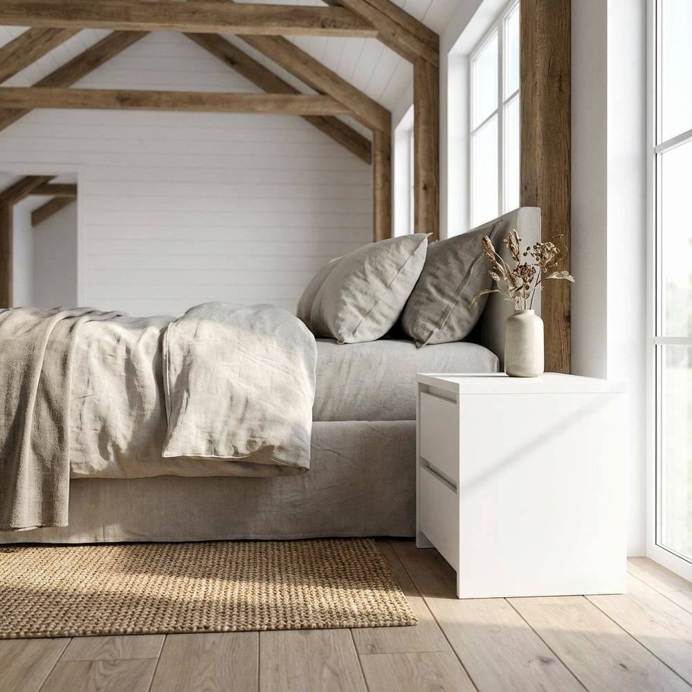 Angle. FurniFact - 17-Inch Tall Nightstand with 2-Drawer Storage and Metal Runners - White.