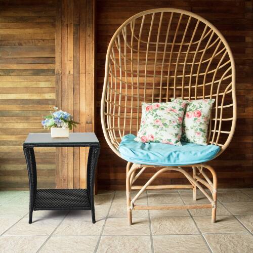 Alt View 5. Winado - 18in Wicker Side Table with Tempered Glass Top, Storage Rattan End Table for Indoor Outdoor Garden Balcony Porch Deck - Black.