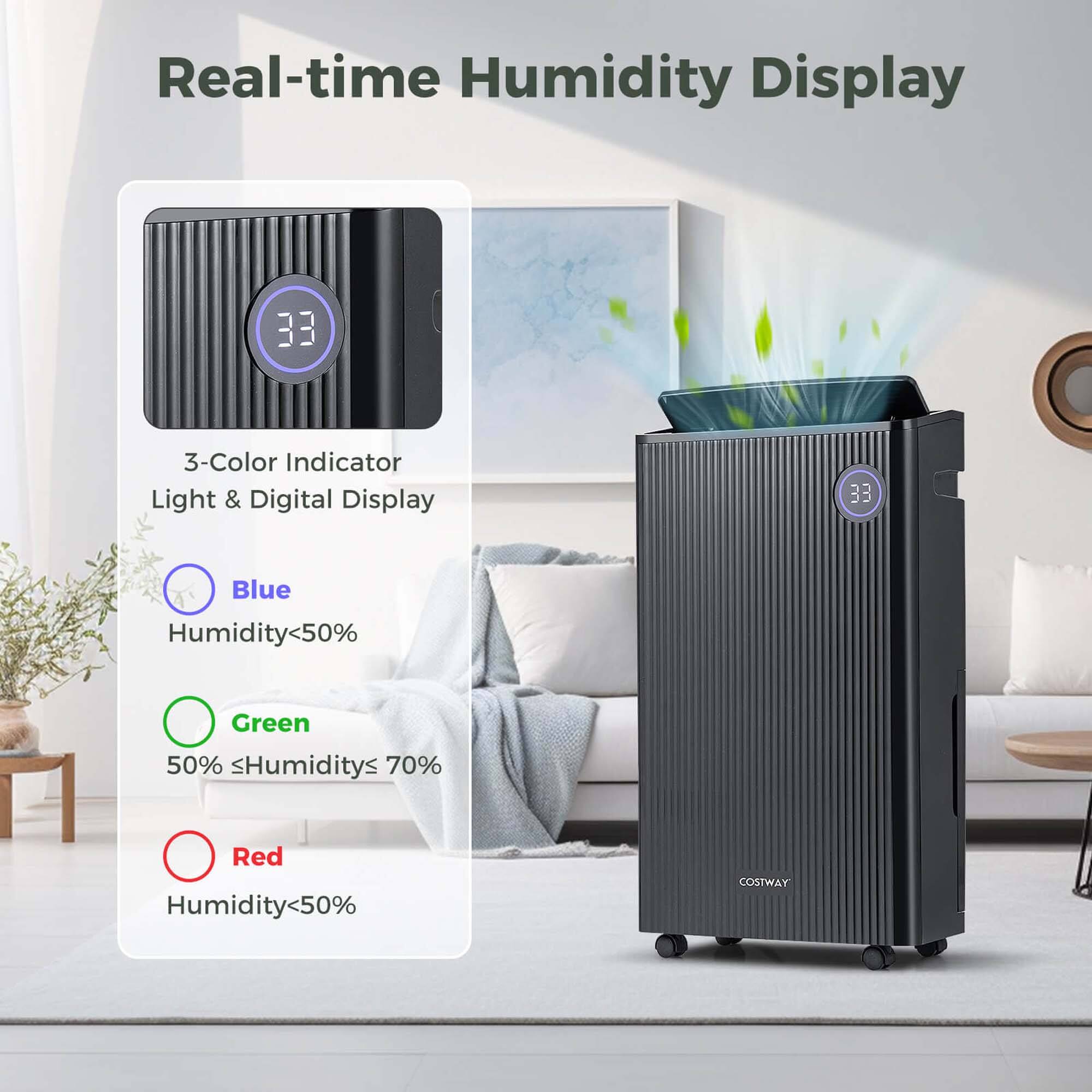 Real-time Humidity Display 33 3-Color Indicator Light & Digital Display 33 Blue Humidity <50% Green 50% - 70% Red Humidity <50% COSTWAY