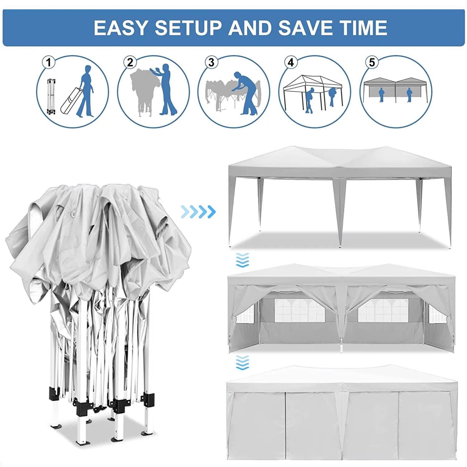 EASY SETUP AND SAVE TIME

1. Unfold the tent frame.
2. Attach the legs.
3. Connect the poles.
4. Assemble the roof.
5. Secure the tent.
