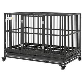 Pawhut - Heavy Duty Dog Crate Metal Cage Kennel with Lockable Wheels - Gray