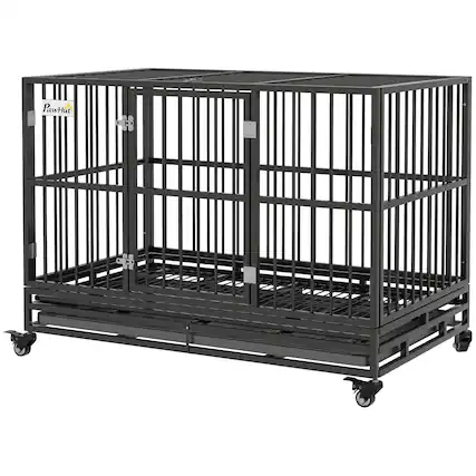 Front. Pawhut - Heavy Duty Dog Crate Metal Cage Kennel with Lockable Wheels - Gray.
