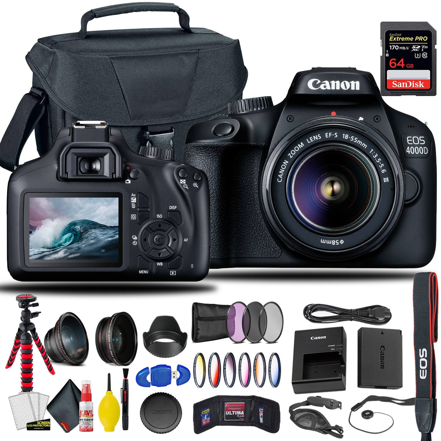 Canon - EOS 4000D / Rebel T100 DSLR Camera With 18-55mm Lens Tripod Bundle (International Version) - Black
