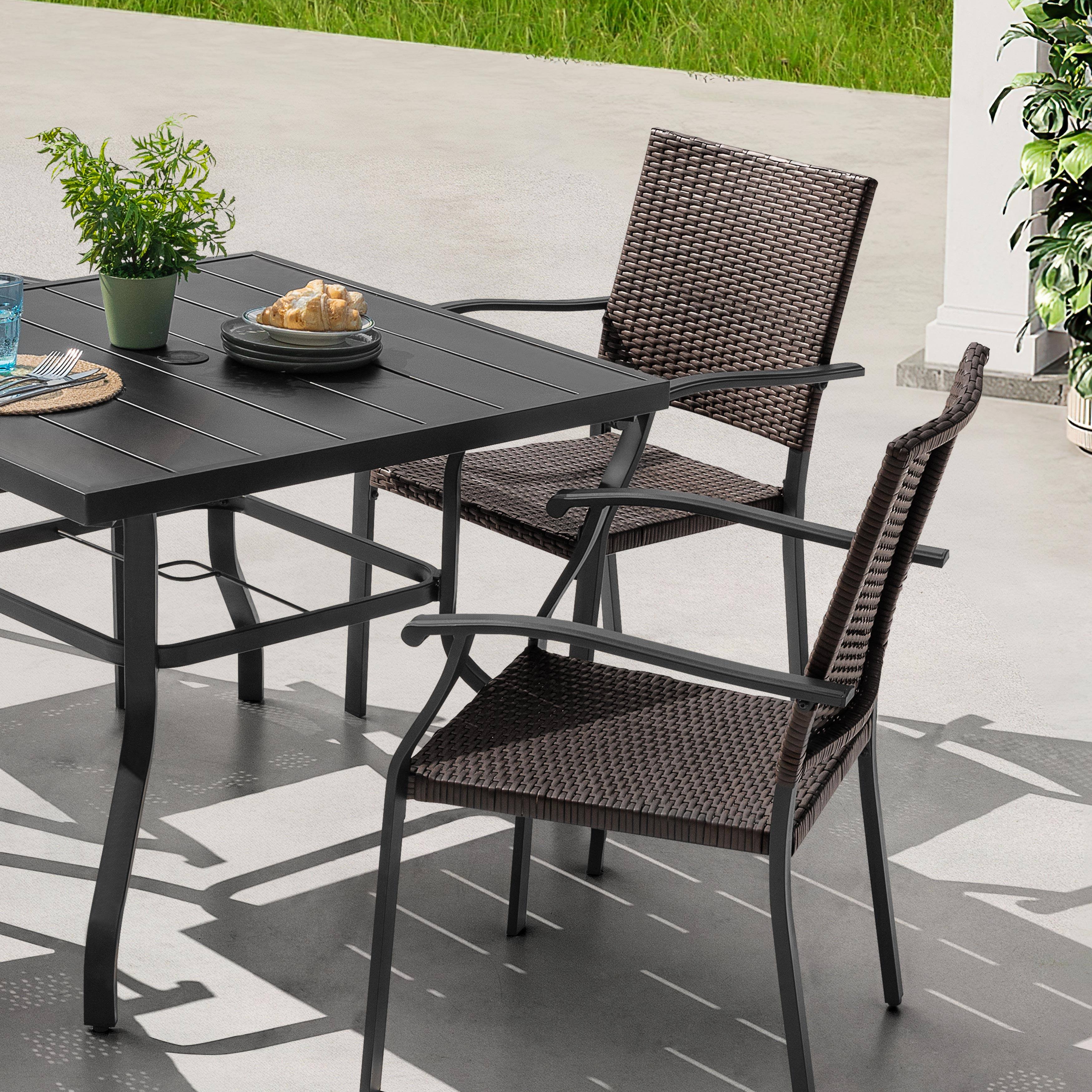 Angle. Nuu Garden - 5PCS Outdoor Dining Set, 4 Wicker Chairs and Iron Table with Umbrella Hole - Black.