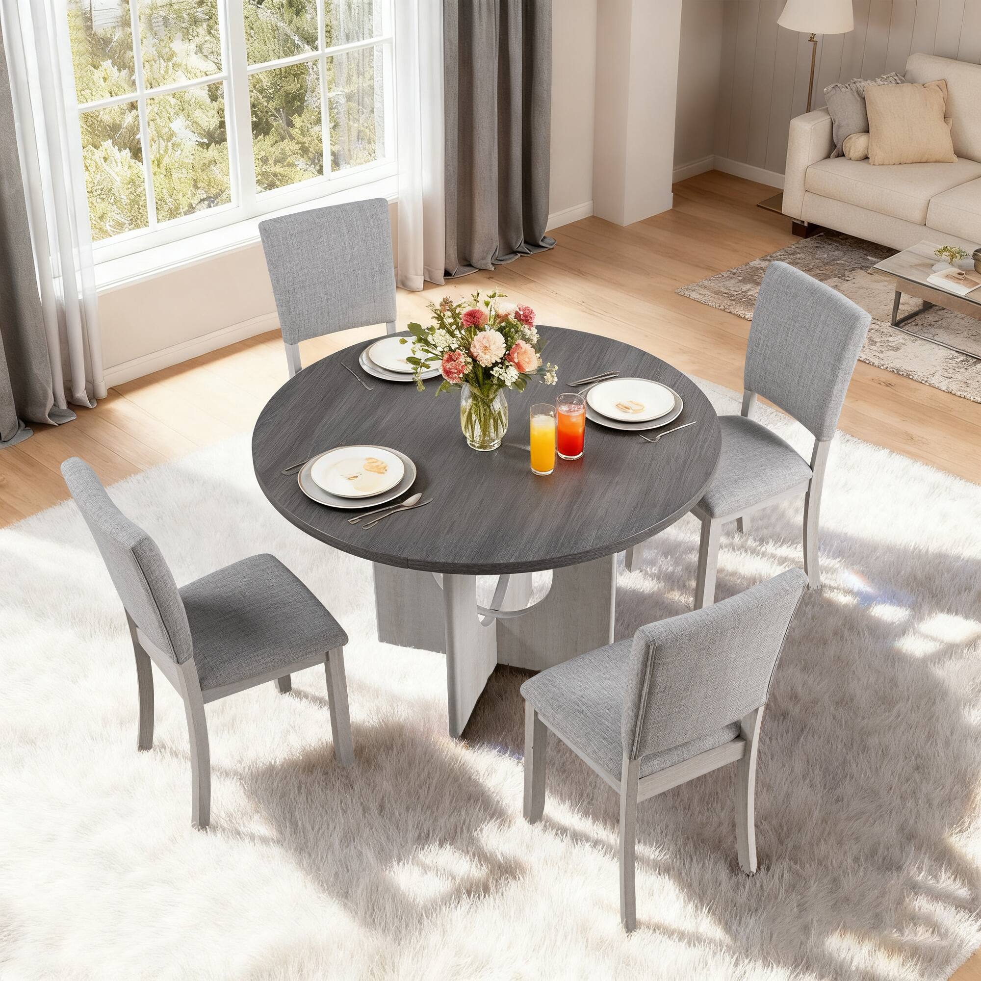 Left. Vaczon - 47.3" Round Dining Table – U-Shaped Pedestal Base, Rubberwood & Engineered Wood, Perfect for Kitchen or Dining Room - Gray.