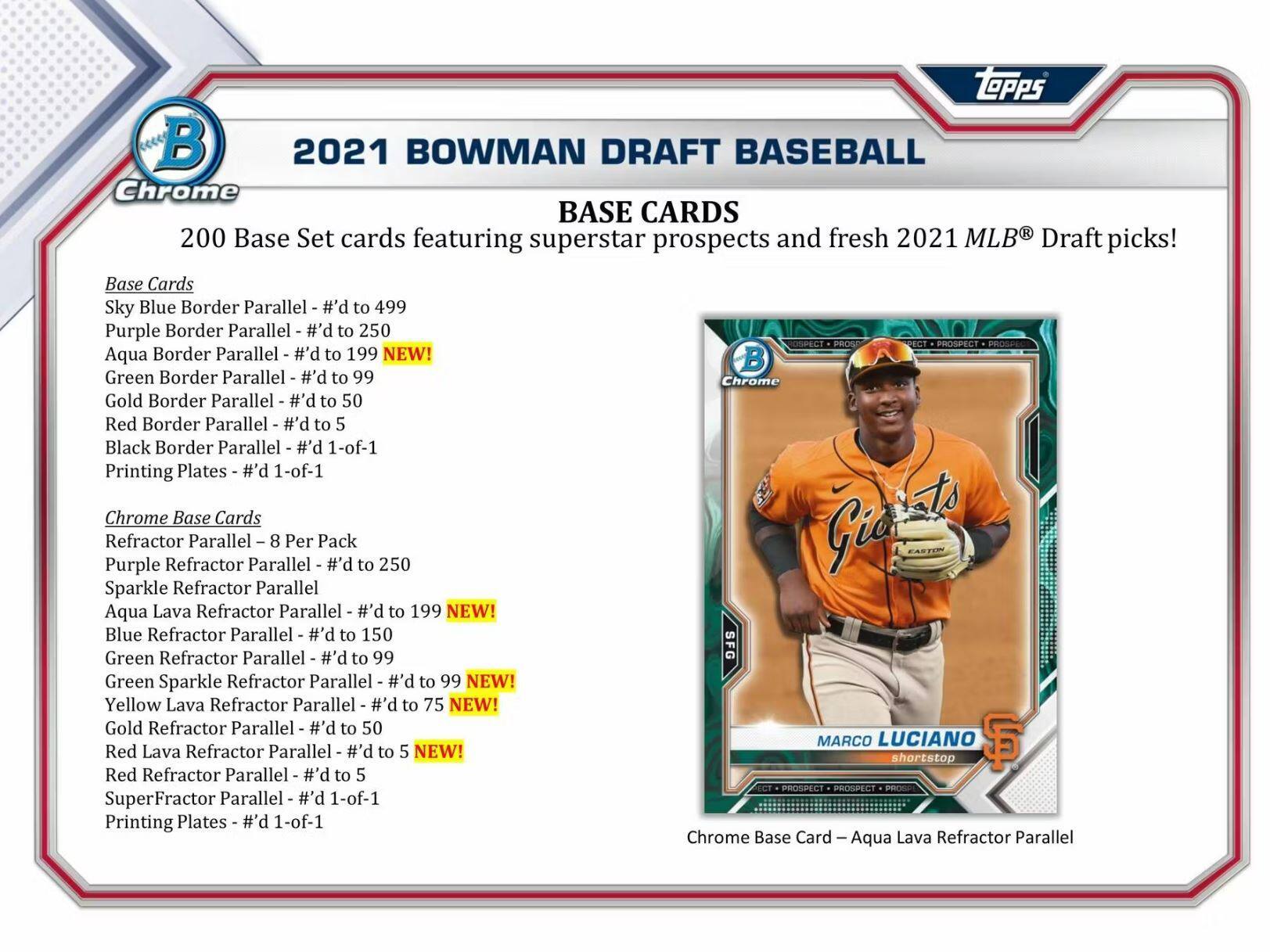 TOPPS 2021 BOWMAN DRAFT BASEBALL Chrome BASE CARDS MLB 1 200 Base Set cards featuring superstar prospects and fresh 2021 Draft picks! Base Cards Sky Blue Border Parallel #'d to 499 Purple Border Parallel #'d to 250 Aqua Border Parallel #'d to 199 NEW! Green Border Parallel #'d to 99 Chrome Gold Border Parallel #'d to 50 Red Border Parallel #'d to 5 Black Border Parallel #'d 1-of-1 Printing Plates Chrome Base Cards Refractor Purple Refractor Parallel #'d to 250 Sparkle Refractor Parallel Aqua Lava Refractor Parallel #'d to 199 NEW! Blue Refractor Parallel #'d to 150 Green Refractor Parallel #'d to 99 SFG Green Sparkle Refractor Parallel #'d to 99 NEW! Yellow Lava Refractor Parallel #'d to 75 NEW! Gold Refractor Parallel #'d to 50 MARCO LUCIANO F shortstop Red Lava Refractor Parallel #'d to 5 NEW! Red Refractor Parallel #'d to 5
