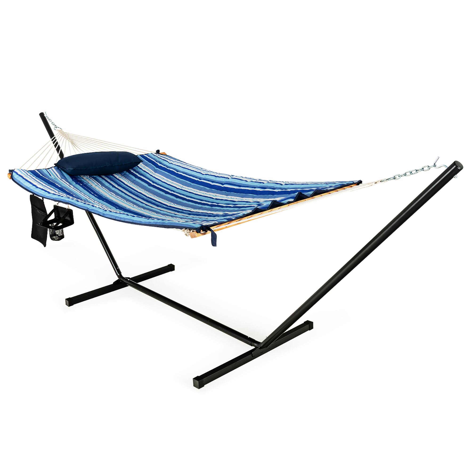 Front. Costway - Costway Hammock Chair Stand Set Cotton Swing w/ Pillow Cup Holder Indoor Outdoor - Blue.