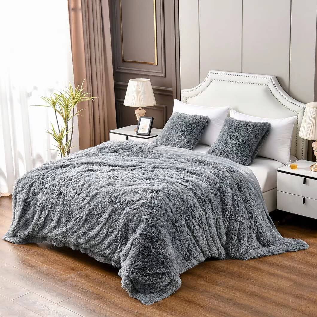 NICHOLAS KLEIN - Olive Faux Throw Blanket 2 Layers 50" X 60" Cozy Plush Fluffy Furry Fuzzy Warm Cute Shaggy For Fall Bed Liv - Grey Queen90" x 90"