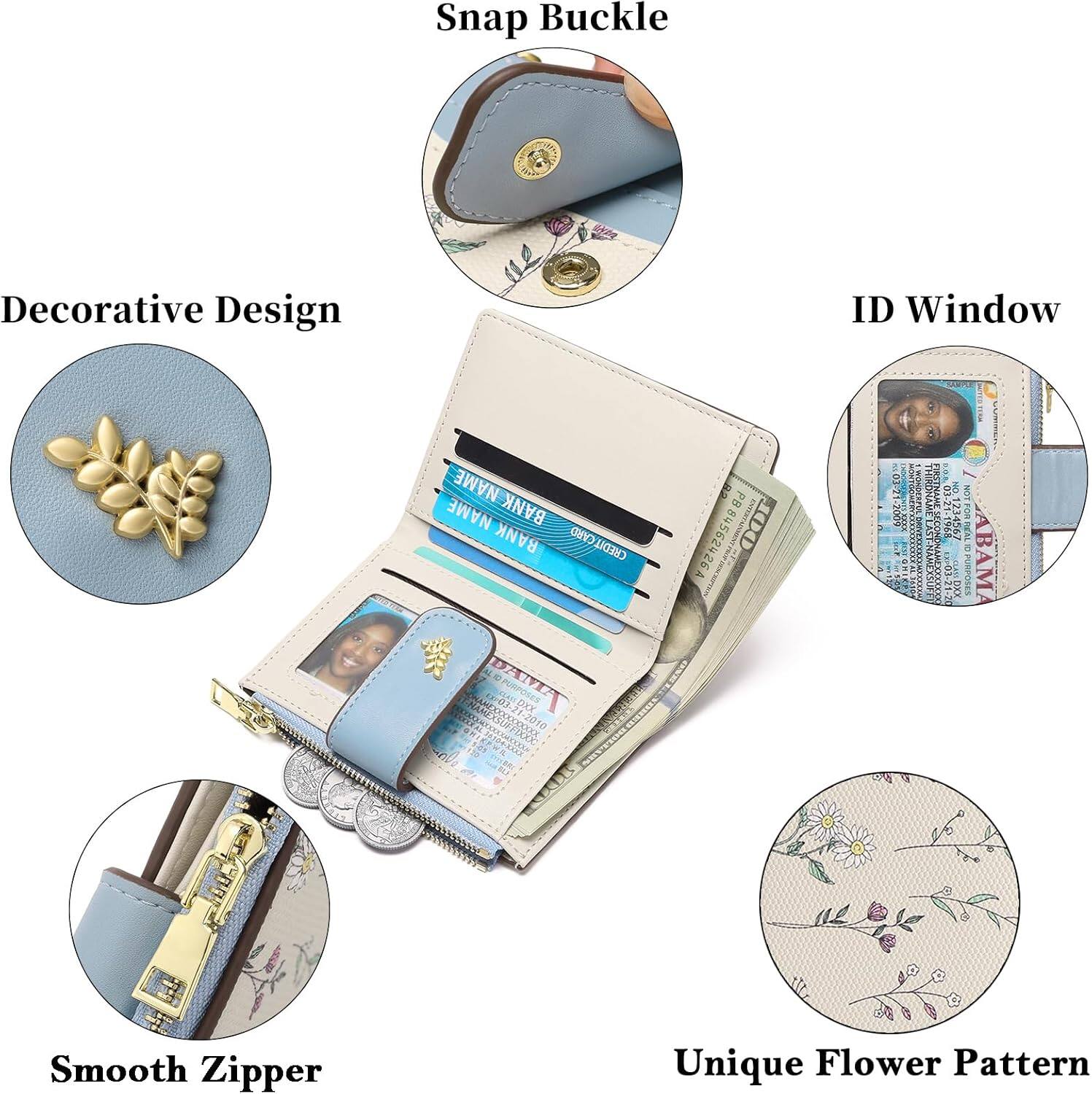 Snap Buckle  
Decorative Design  
ID Window  
Smooth Zipper  
Unique Flower Pattern