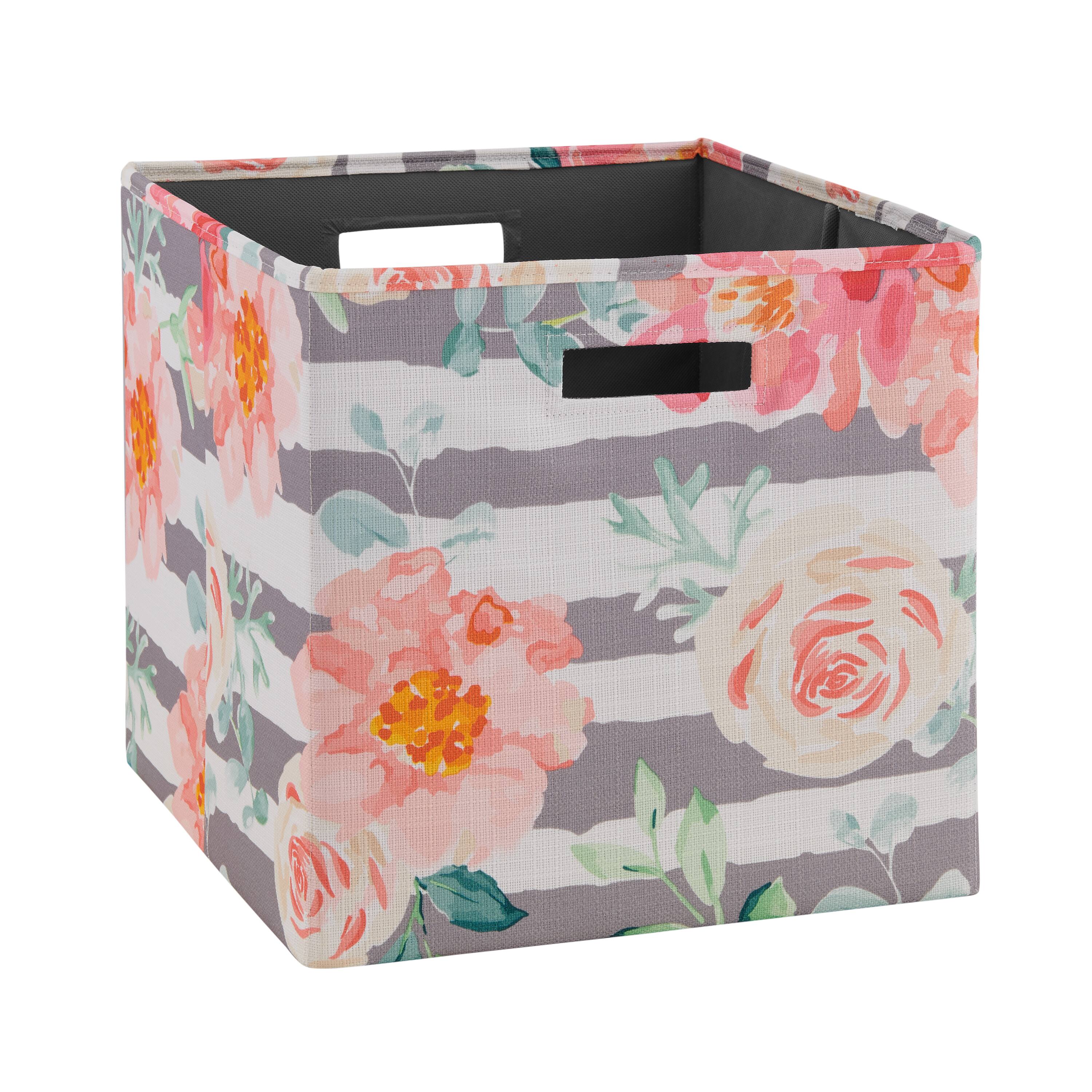 Front. Linon Home Décor - Chabis Foldable Fabric Storage Bins Set of Two - Roses With Gray Stripes.