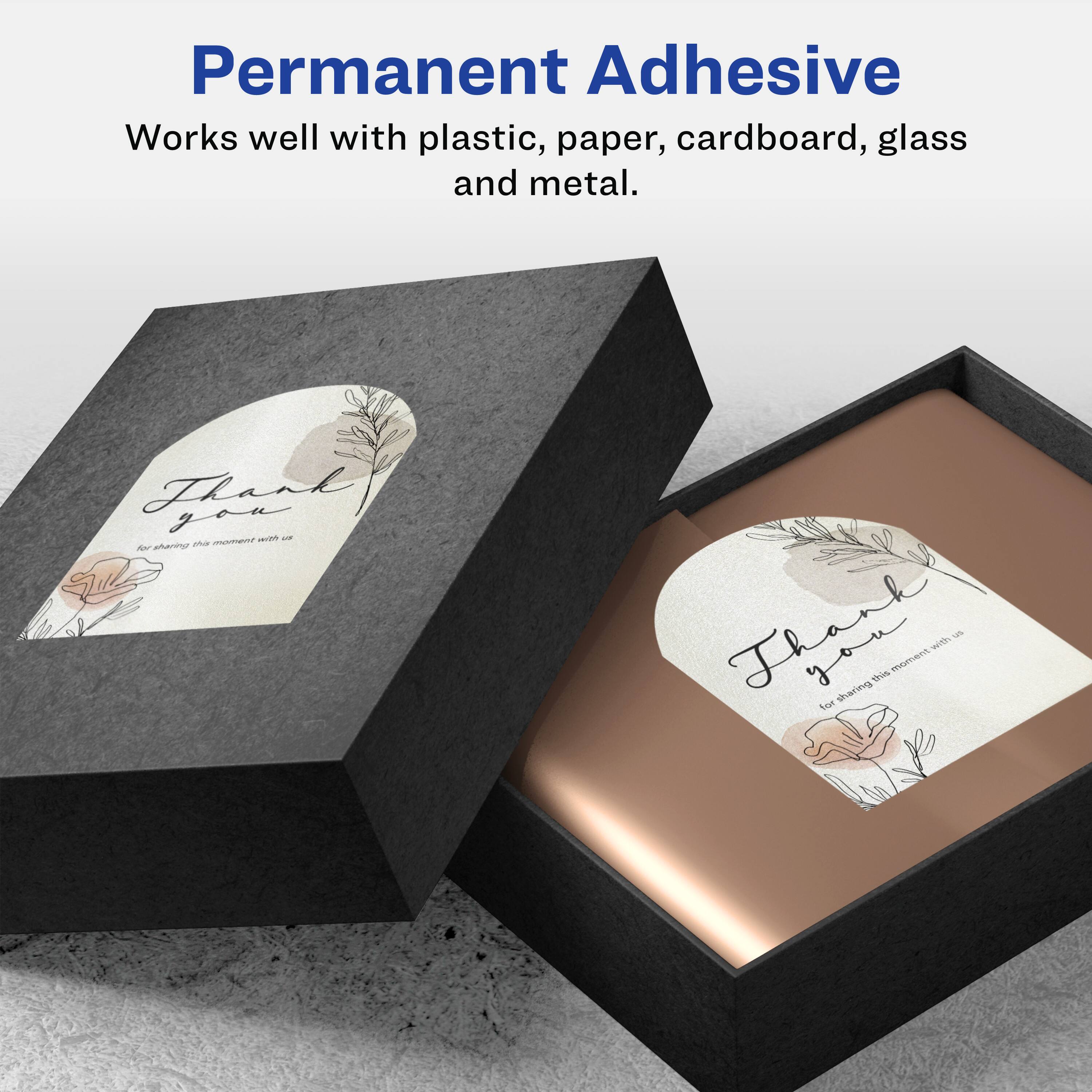 Permanent Adhesive  
Works well with plastic, paper, cardboard, glass and metal.  

Thank you for sharing this moment with us.