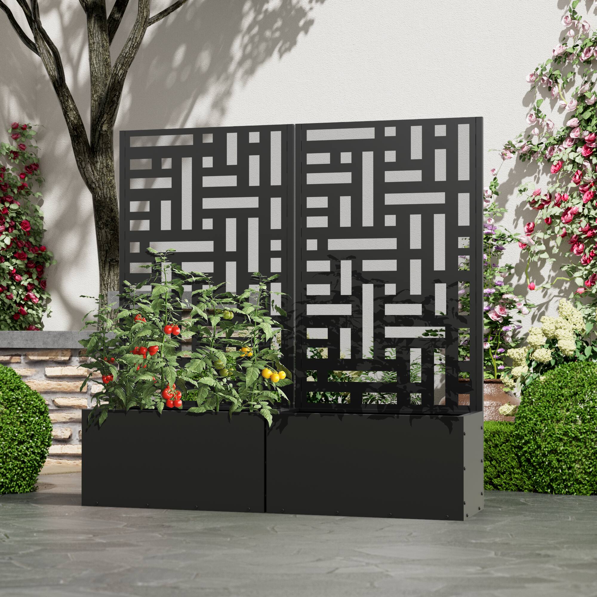 Alt View 1. PexFix - 47 in. H x 24 in. W Street Pattern Rectangle Metal Planter Box Raised Garden Beds with Trellis-Ideal for Balcony - Black.