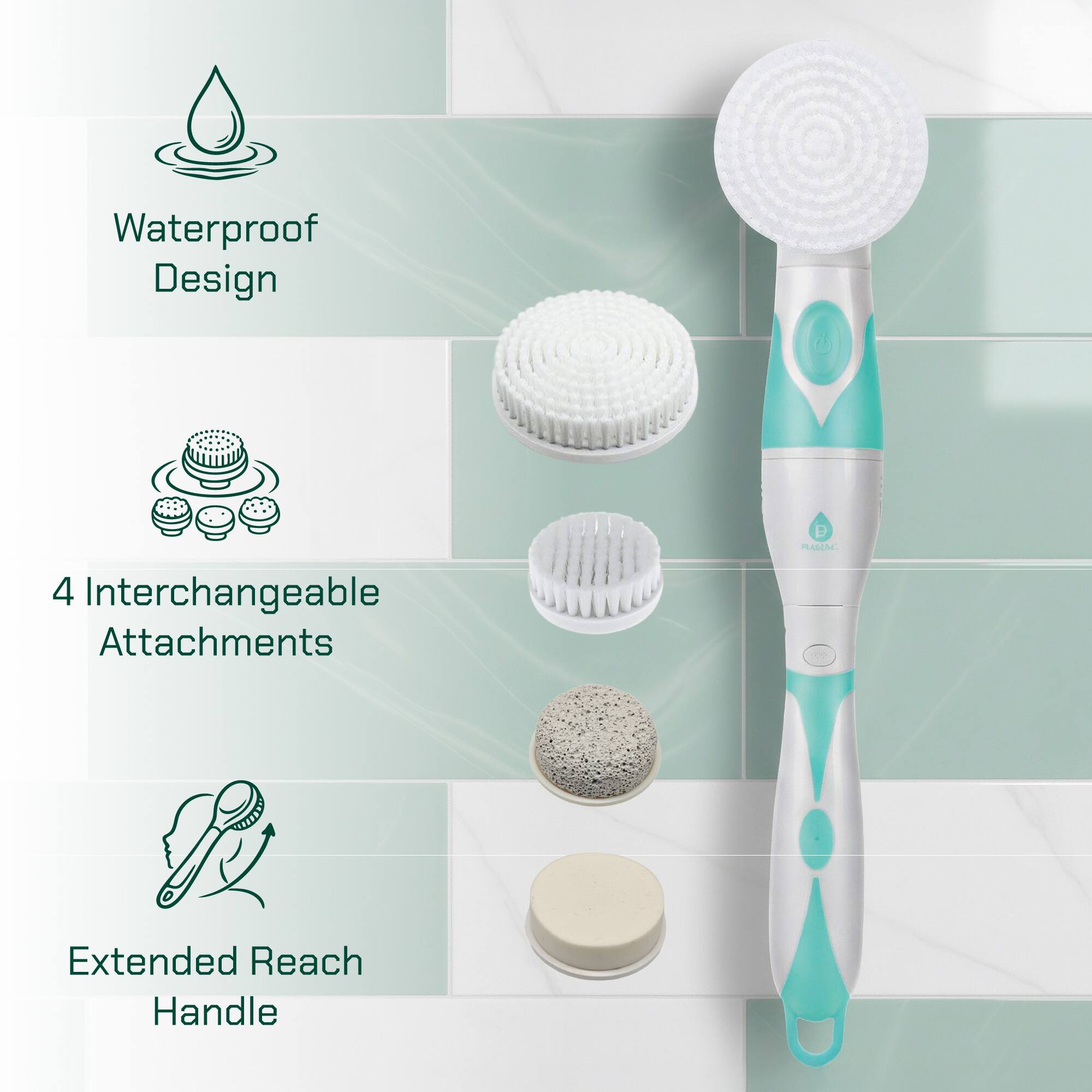 Waterproof Design  
4 Interchangeable Attachments  
Extended Reach Handle