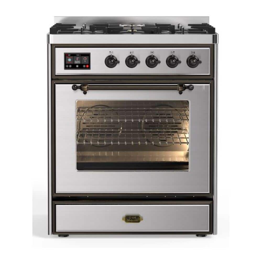 ILVE - Majestic II Series 30 in. Dual Fuel Range with 5 Sealed Burners (Natural Gas, Burnished Trim) - Stainless Steel