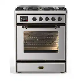 ILVE - Majestic II 30 inch Dual Fuel Range with 5 Burners (Natural Gas, Stainless Steel, Burnished Trim) - Stainless Steel