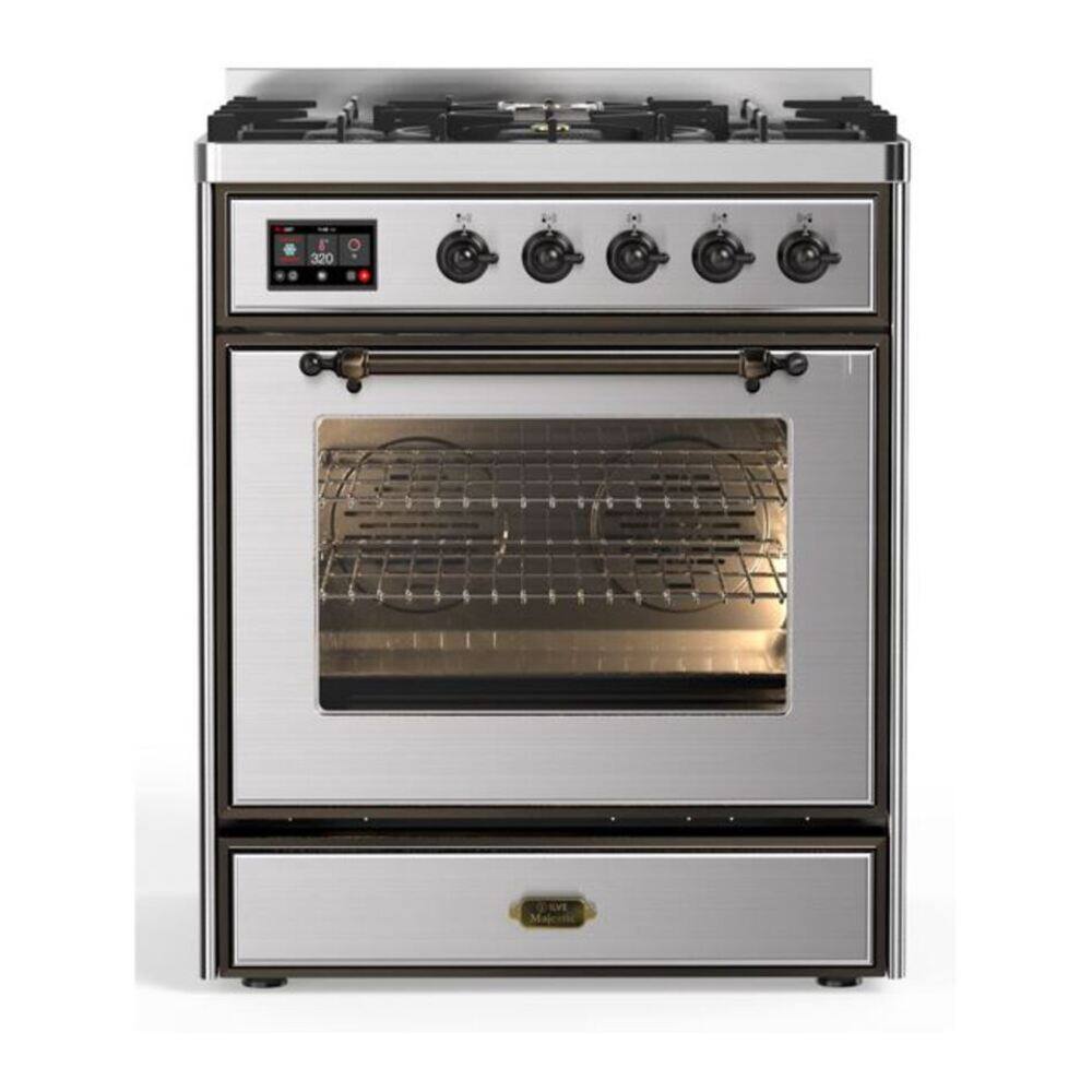 Front. ILVE - ILVE Majestic II 30 inch Dual Fuel Range with 5 Burners (Natural Gas, Stainless Steel, Burnished Trim) - Stainless Steel.