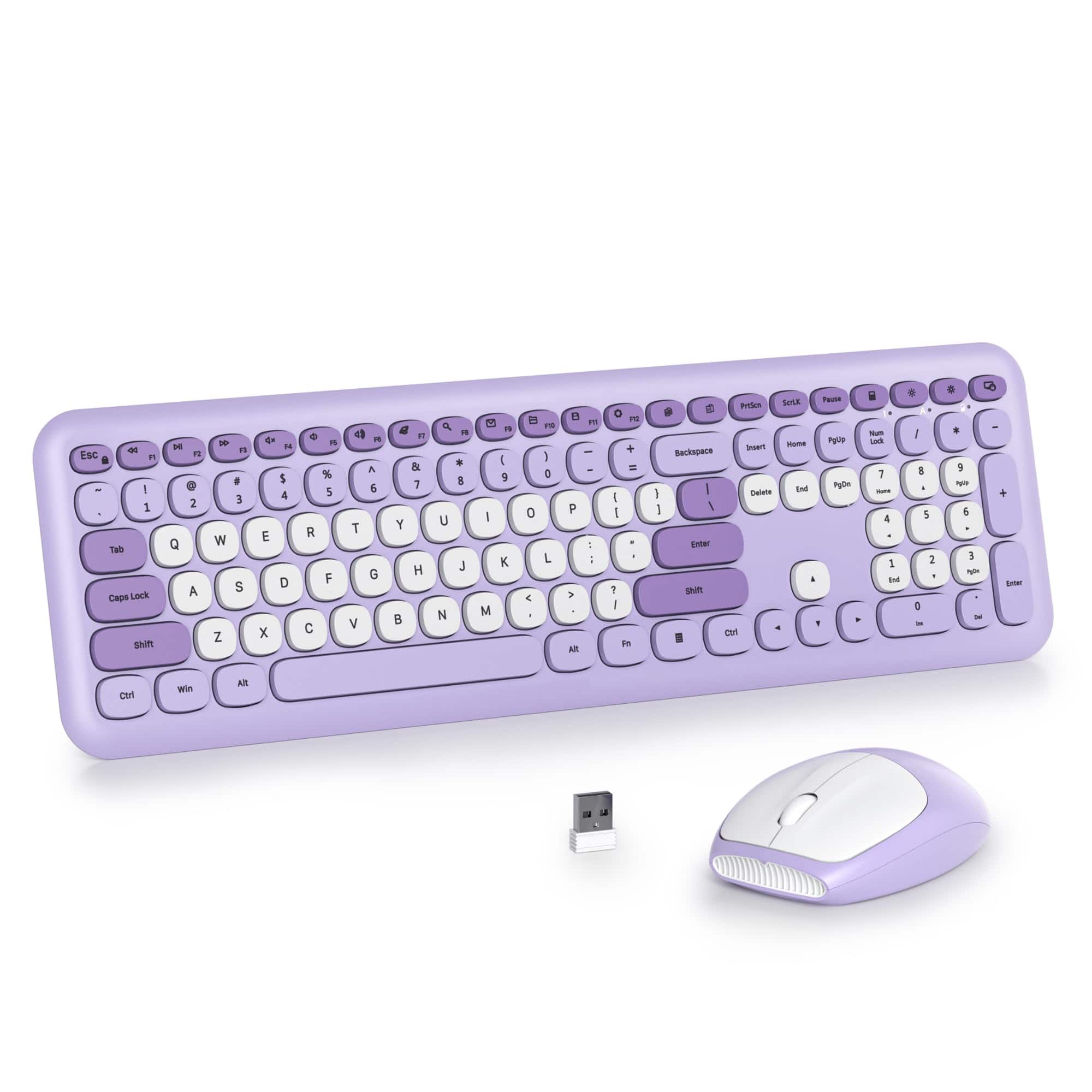 Earthley Blooms - Wireless Typewriter And Mouse Combo Retro Full Size Office Set Purple With Silent Round Keycaps Ideal For - Purple white