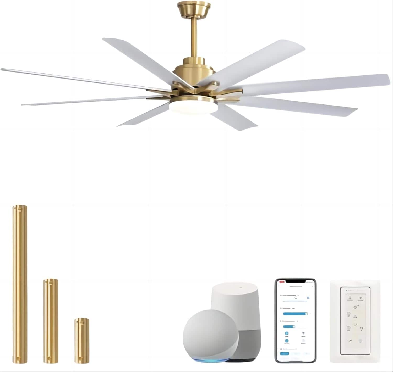 Front. Sofucor - Sofucor Smart APP 8 Arm Fan 66'' Ceiling Fan with LED Light Kit & Remote Control Extra Large Farmhouse Ceiling Fan - Gold White.