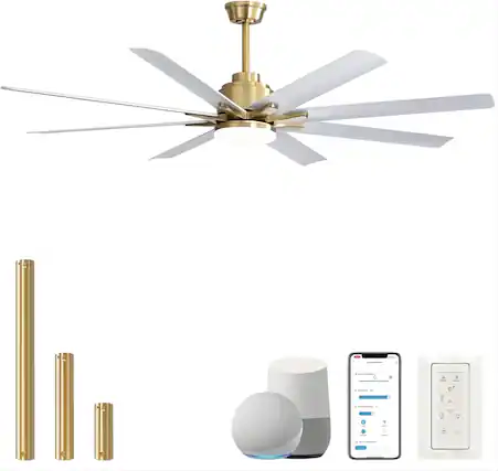 Front. Sofucor - Sofucor Smart APP 8 Arm Fan 66'' Ceiling Fan with LED Light Kit & Remote Control Extra Large Farmhouse Ceiling Fan - Gold White.