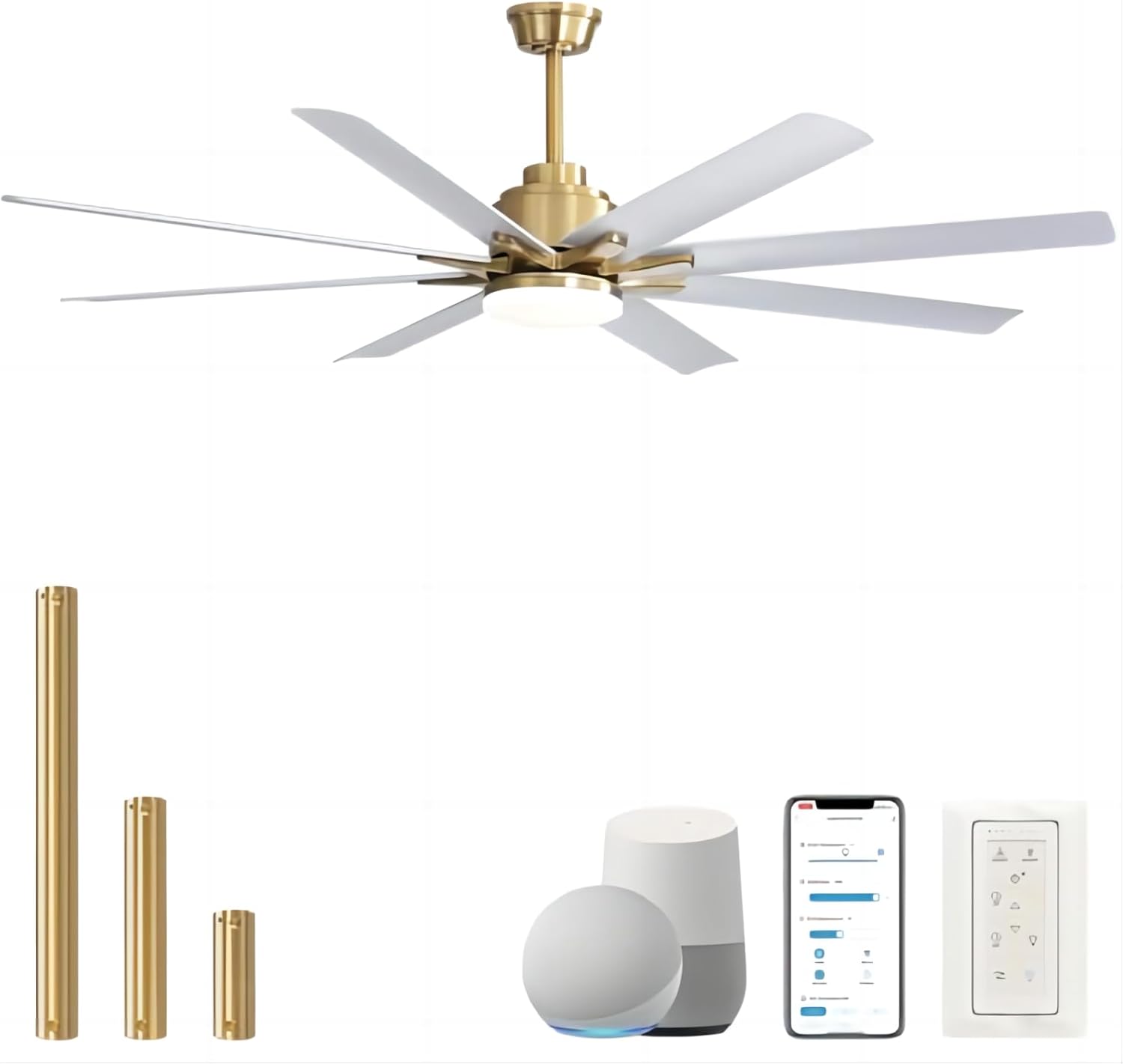 Sofucor - Smart APP 8 Arm Fan 66'' Ceiling Fan with LED Light Kit & Remote Control Extra Large Farmhouse Ceiling Fan - Gold White