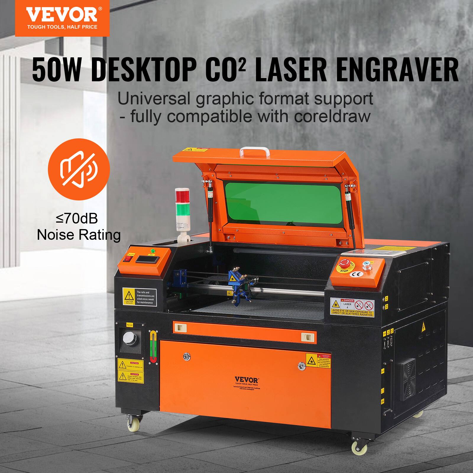 VEVOR  
TOUGH TOOLS. HALF PRICE  

50W DESKTOP CO2 LASER ENGRAVER  

Universal graphic format support  
- fully compatible with coreldraw  

≤70dB Noise Rating