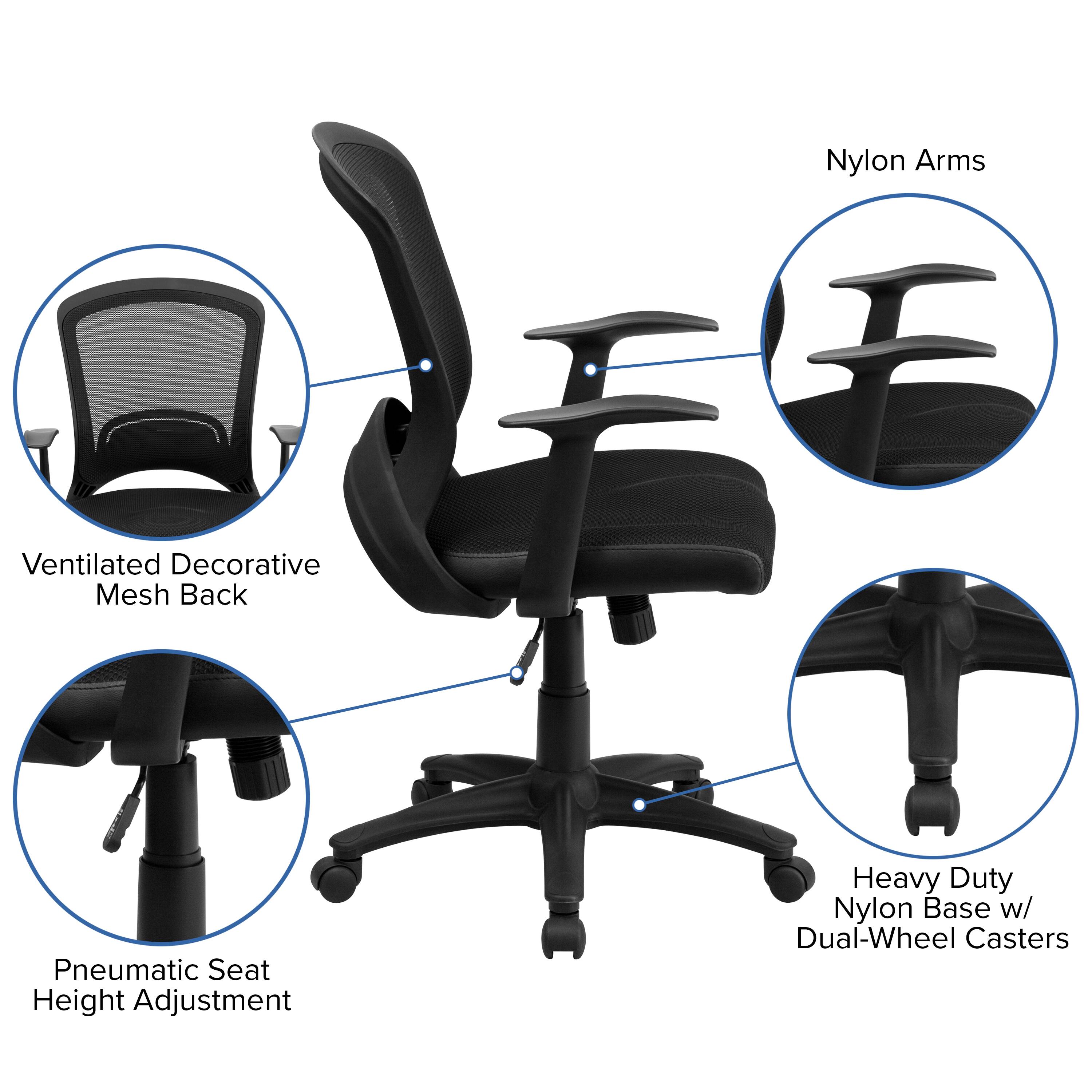 Nylon Arms  
Ventilated Decorative Mesh Back  
Pneumatic Seat Height Adjustment  
Heavy Duty Nylon Base w/ Dual-Wheel Casters