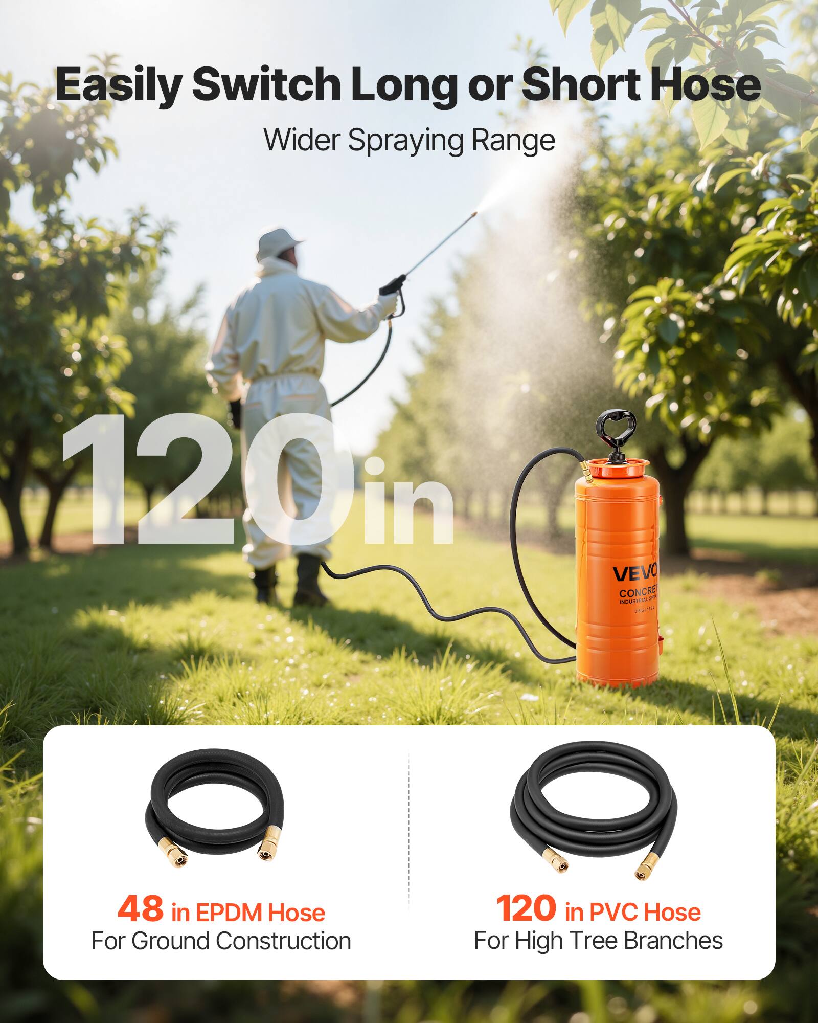 Easily Switch Long or Short Hose  
Wider Spraying Range  

120 in  

48 in EPDM Hose  
For Ground Construction  

120 in PVC Hose  
For High Tree Branches