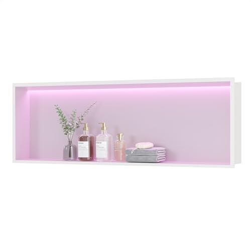 Earthley Blooms - Rgb Led Light Shower Niche Matte 18x12 In Stainless Steel Recessed Storage With Remote Control Waterproof - White-24X12In