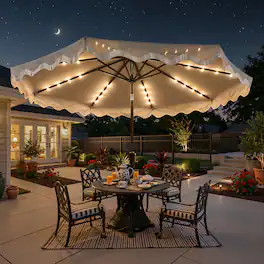 Ovios - 10FT Patio Umbrella with LED Lights, Outdoor Market Umbrella with Scalloped Edge Canopy - Gray