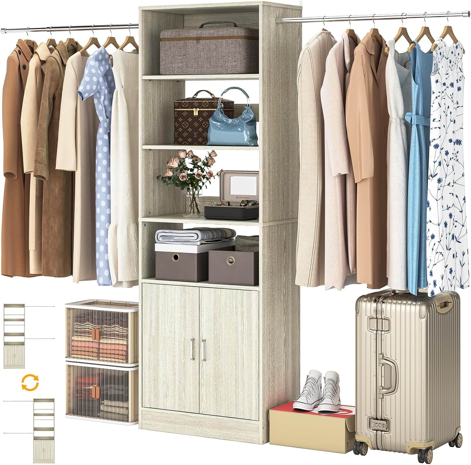 Aheaplus - 8FT Heavy Duty Wall-Mount Closet Organizer System ,Adj Shelves, Hanging Rods & Storage Cabinet - White Oak