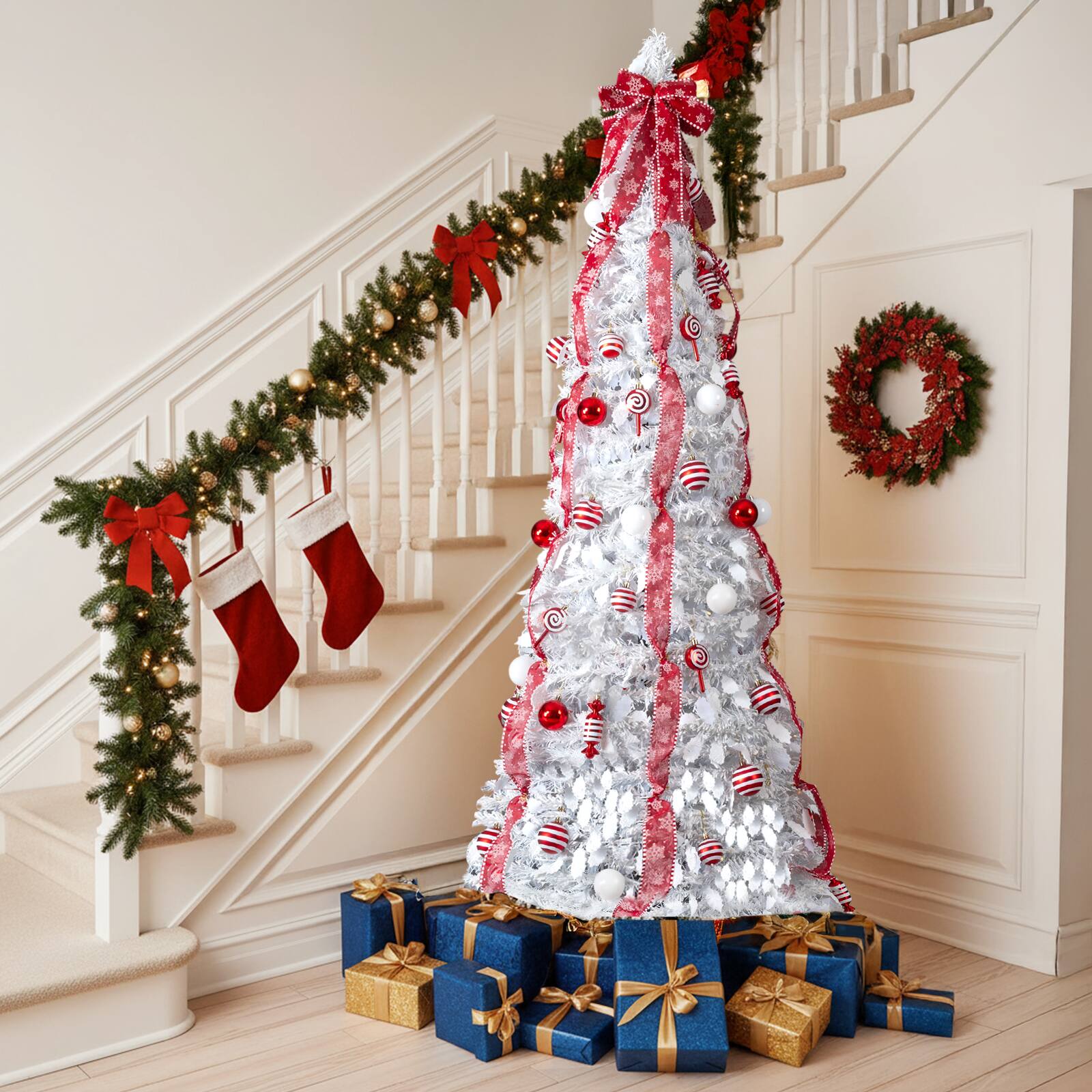 Alt View 6. VAVSEA - 7 FT Pre-Lit White Christmas Tree with 170 Warm Lights & Red Ornaments for Holiday Decor - White.
