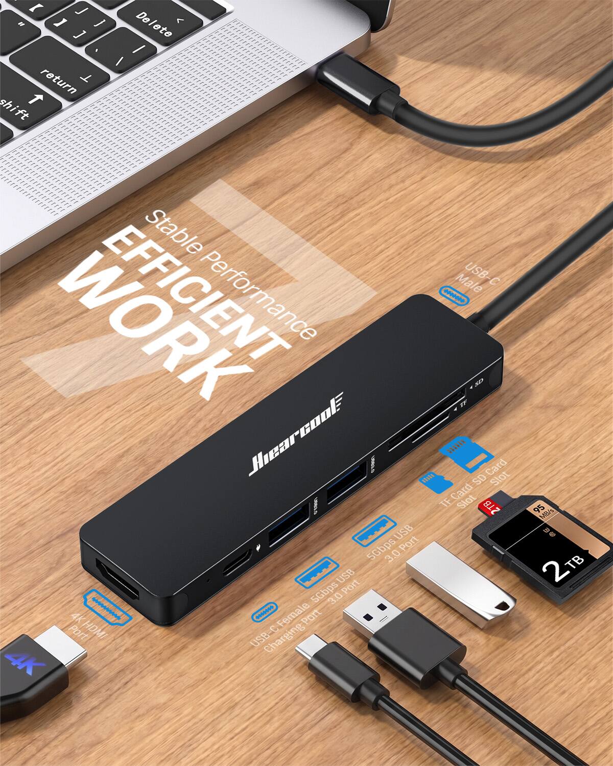L " I Delete Del ] , - I return T shift ft Stable EFFICIENT Performance thearcool usaa.n USE3.0 USB 5Gbps Port 3.0 USB 5Gbps Port 3.0 4K ....... Female Port Port HDMI USB-C Charging 4K
Male USB-C SD TF Card Slot SD TF Card Slot 2TB
95 MB/s 2 TB