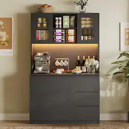 Babevy - 71" Tall Kitchen Pantry Cabinet with LED Lights & Power Outlets, Modern Storage Hutch with Drawers & Glass Doors - Black