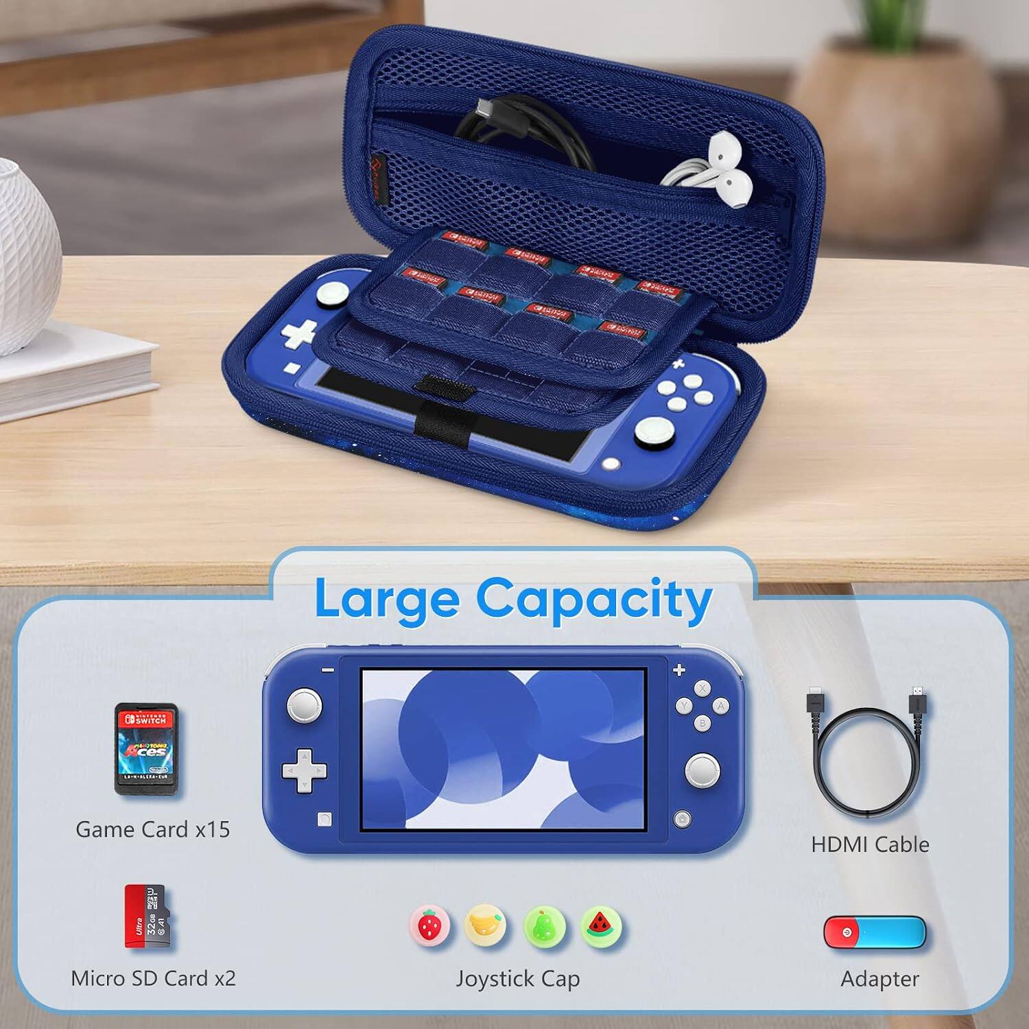 ORGANGAR

BACK ASSARE
Large Capacity
K
CHIPPY SWITCH STOMP CES LOCEOBLISHIPS Game Card x15  unva 32GB 02.41 Micro SD Card x2
+
Joystick Cap
8
HDMI Cable 0 Adapter